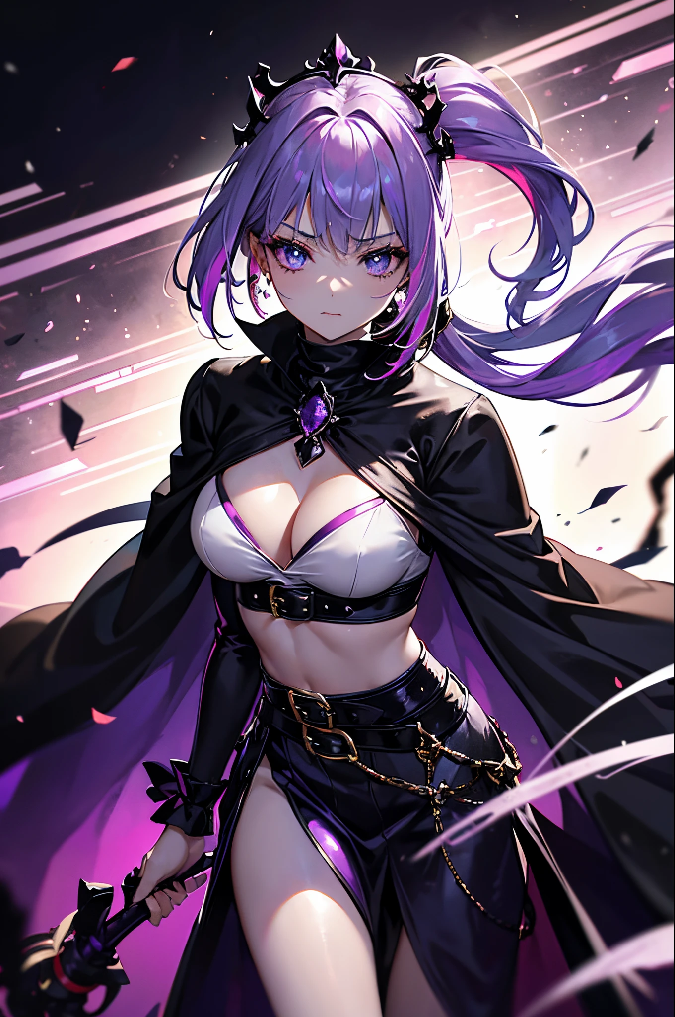 vampire queen, perfect body shape, small breast, battle skirt, (royal cape:1.1), main color is matte black, secondary color is purple, sexy and devil aura, original character, masterpieces, seducing purple pupil, (multi color high pony tail 1:1.2), walking under blood moon and middle of the destroyed city street, purple gem accessories, golden belt, golden necklace, windy and evil effect, soft moon light focus, corruption, extremely delicate and beautiful eyes, messy bang, unique crown