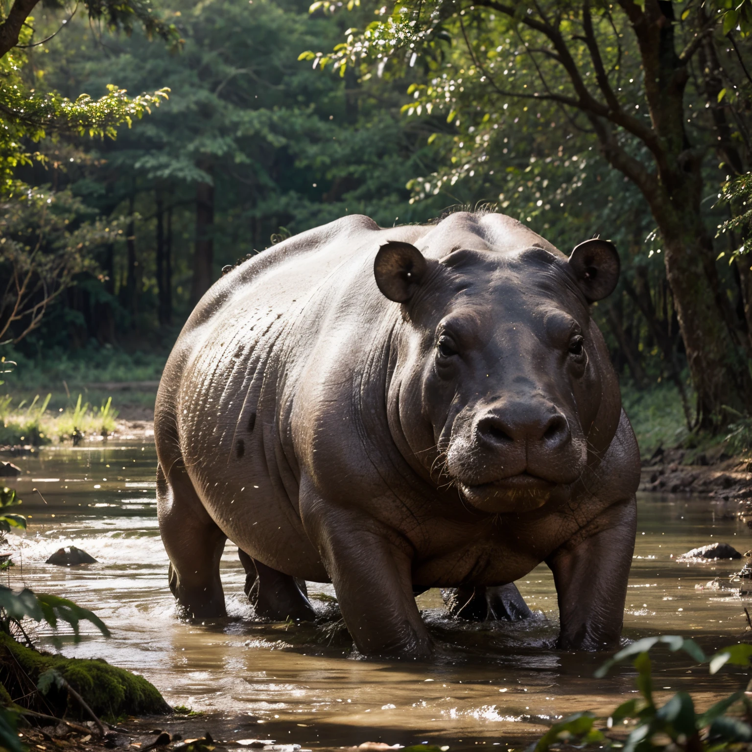Create a picture of a hippo animal in the forest