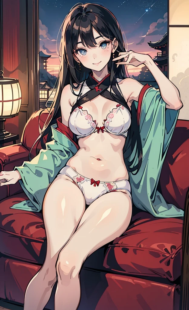 japanes　a beauty girl　Beautiful breasts　A dark-haired　Long　straight haired　D-cups　undergarment　frilld　Cute underwear　haori　red wine　sit on sofa　fireplace　nigh sky　full bodyesbian　the feet　kawaii　Eyes sparkle　a navel　The warm　glad　murky　A slight smil　realisitic