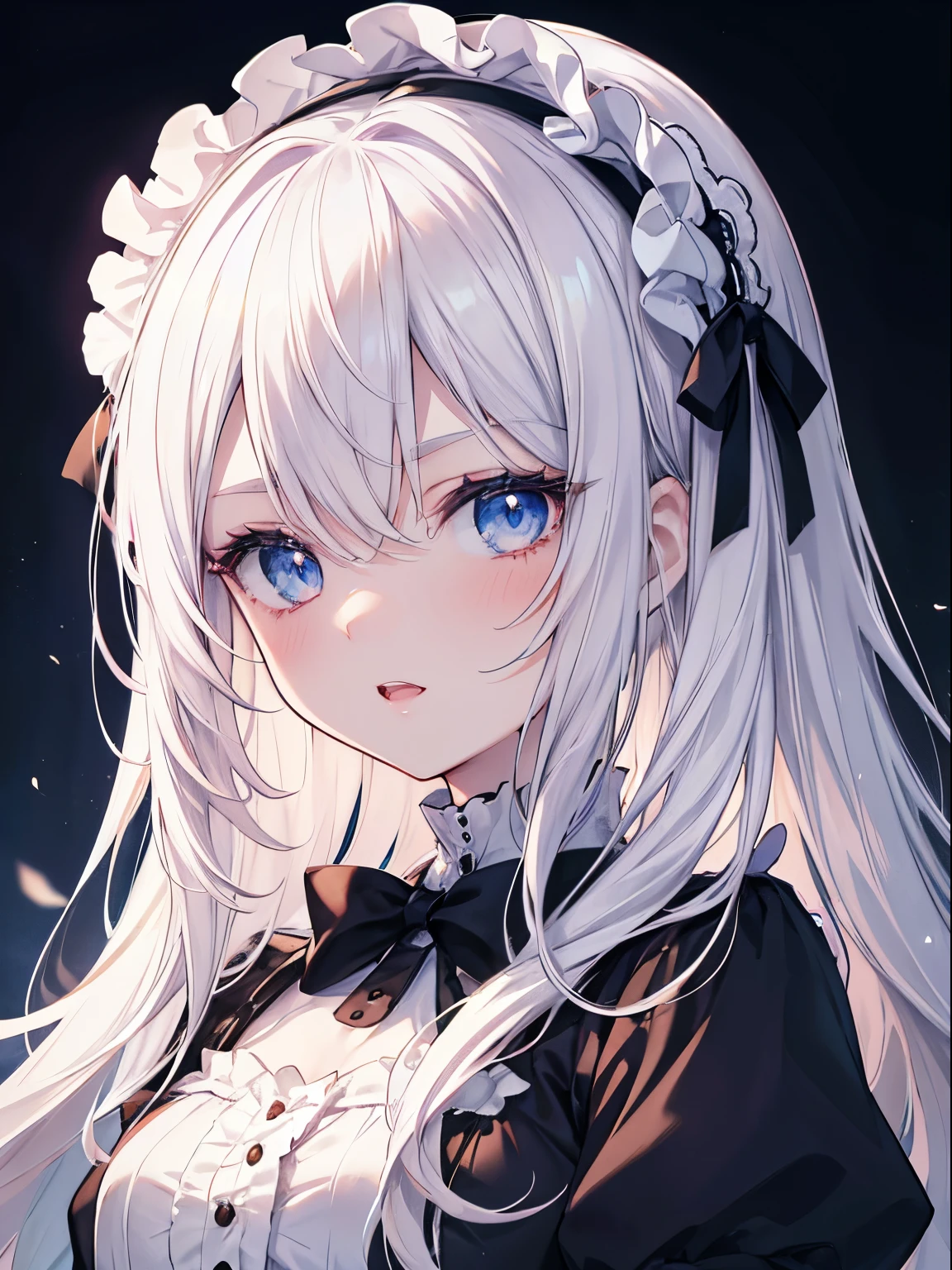 masutepiece, Highest Quality, (Perfect face:1.1), (high detailing:1.1), (ultradetailed eyes), Dramatic, superfine illustration, Extremely detailed, 1girl in, (pale skin), long White Hair, Ethereal eyes, blue eyes,tareme, (light eyebrow),blush,Solo, Smile, Open mouth,Pouty lips,Cinematic lighting, Looking at Viewer,face forces,Gothic lolita, frilld, bow ribbon,Head dress