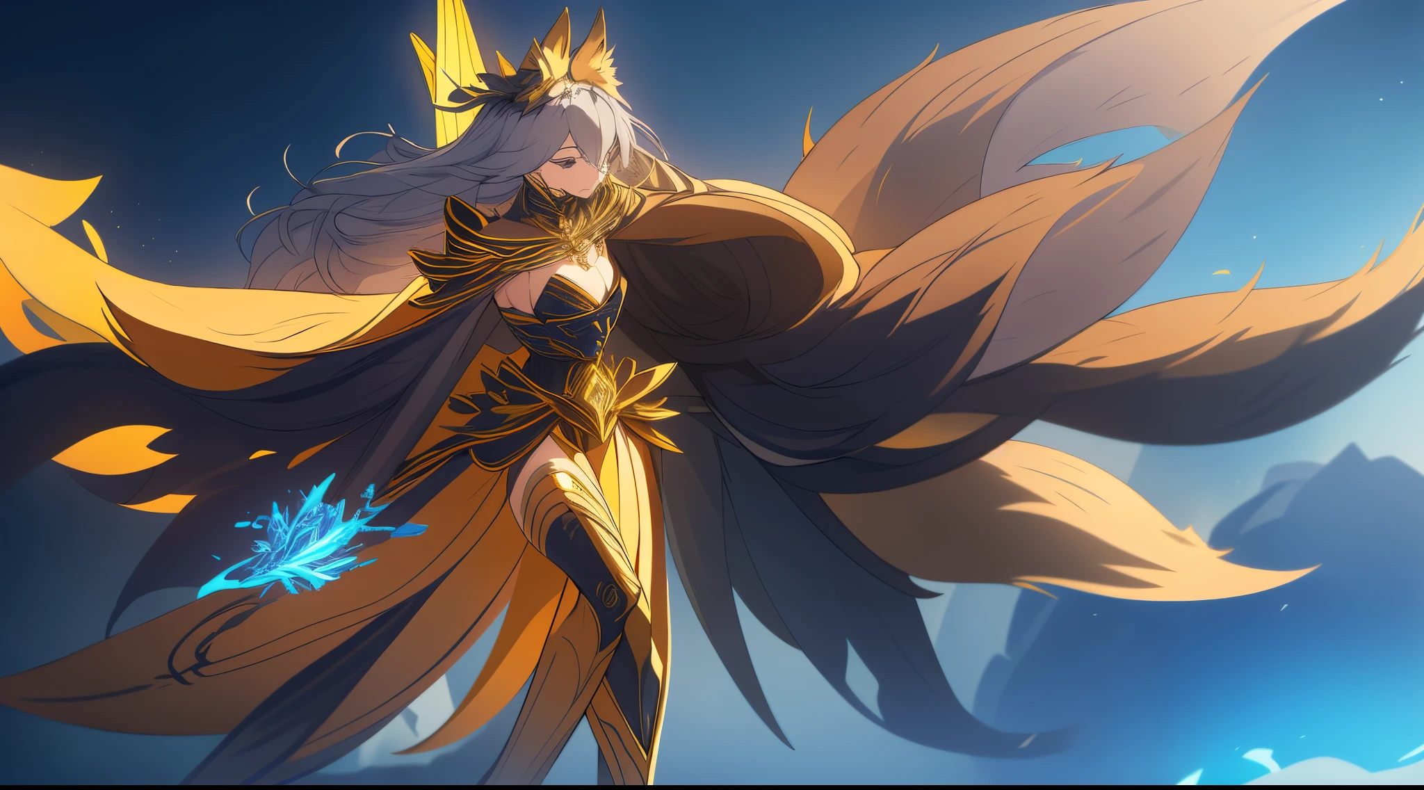 （（Wearing black and gold armor）），（gem outfit ），（Octane rendering 1.1 ），（（The body is wrapped in a blue-gray phantom）），（（Game skin design drawing）），（girl fox），Raised sexy，Blue flames are flying everywhere，feminine expression，Dancing in the air