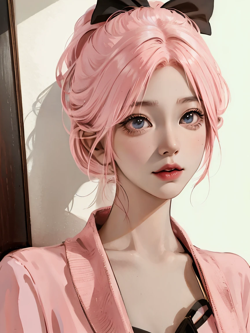 anime girl with pink hair and black bow tie, kawaii realistic portrait, cute girl with short pink hair, stunning anime face portrait, realistic anime 3 d style, realistic anime art style, beautiful anime portrait, artwork in the style of guweiz, anime realism style, realistic young anime girl, realistic anime artstyle, beautiful anime style, portrait anime girl, beautiful anime face, full body