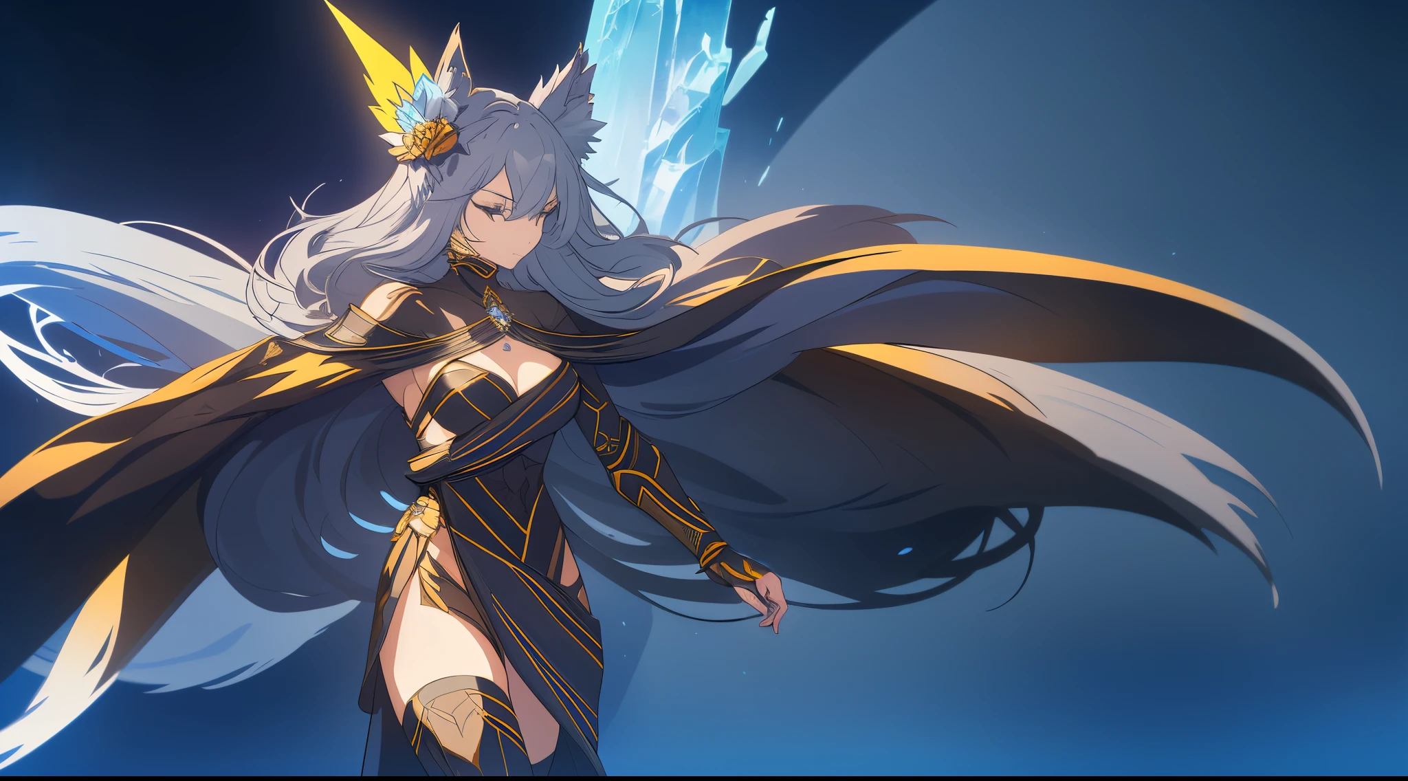（（Wearing black and gold armor）），（gem outfit ），（Octane rendering 1.1 ），（（The body is wrapped in a blue-gray phantom）），（（Game skin design drawing）），（girl fox），Raised sexy，（（Blue flames fly in the wind）），feminine expression，Dancing in the air