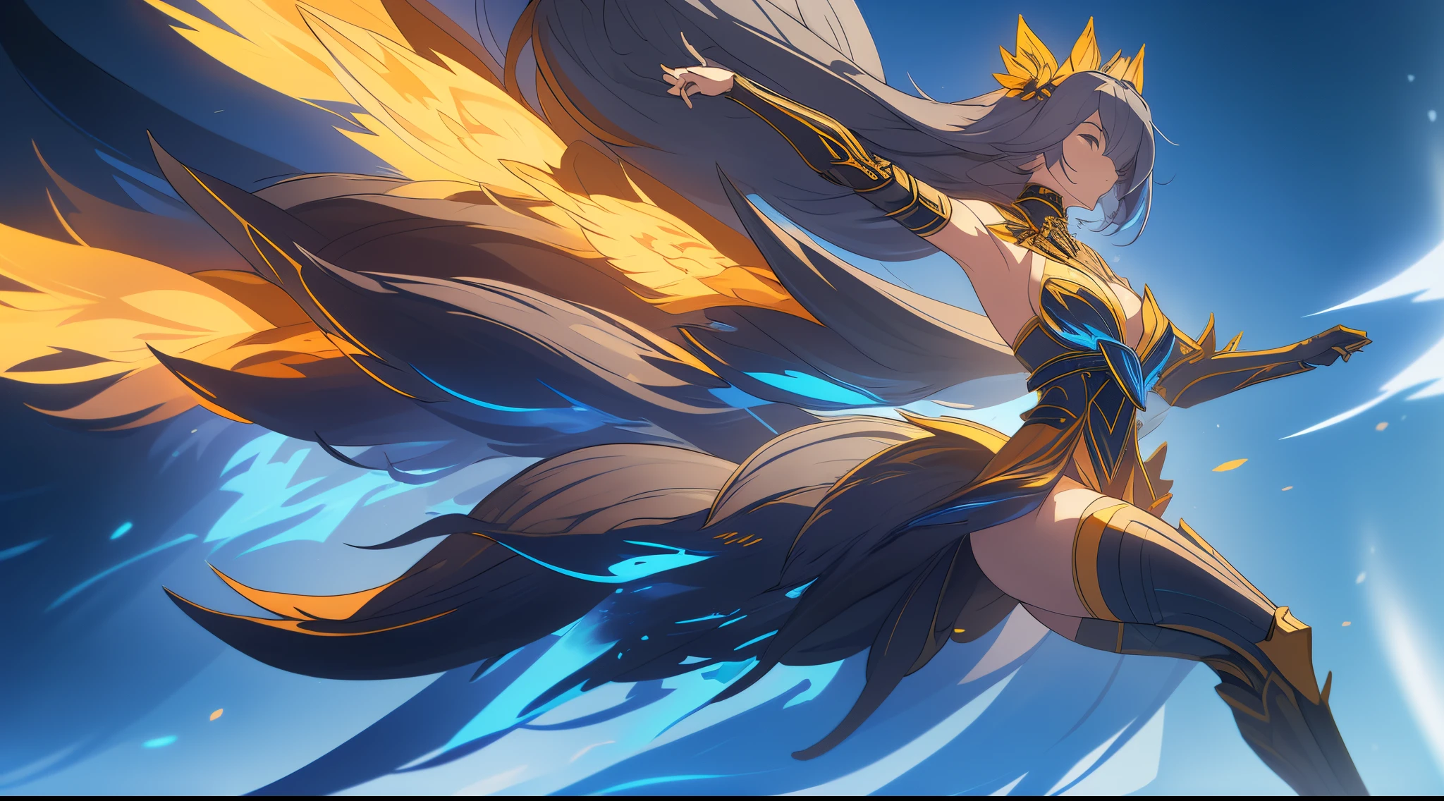 （（Wearing black and gold armor）），（gem outfit ），（Octane rendering 1.1 ），（（The body is wrapped in a blue-gray phantom）），（（Game skin design drawing）），（girl fox），Raised sexy，Blue flames are flying everywhere，feminine expression，Dancing in the air