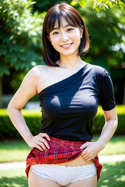 the Extremely Detailed CG Unity 8K Wallpapers、top-quality、ultra-detailliert、masterpiece、realisitic、Photo Real、extremely detailed cute girl、20yr old、(skirt rift)、(skirt lift by yourself))、white panties、panties focus、red blush、cparted lips、looking at the viewers、Half body shot、Wearing an off-the-shoulder shirt、(Large crowds)、(Crowded parks)、shorth hair,Sweet smile