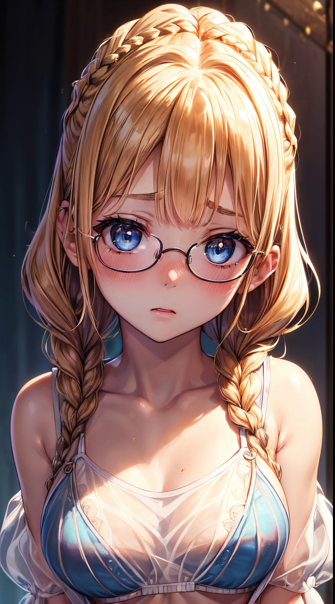 1womanl,Golden head hair, ,((Impatient expression)),Beautiful breasts,Sweater knitwear,well-styled,,(Facing the front)(((Blushing cheeks、Surprised look)),(((Braids))),((( Upper body portrait)))Frameless glasses,Blue eyes,(((Bangs are aligned)))(())Sexy Bra