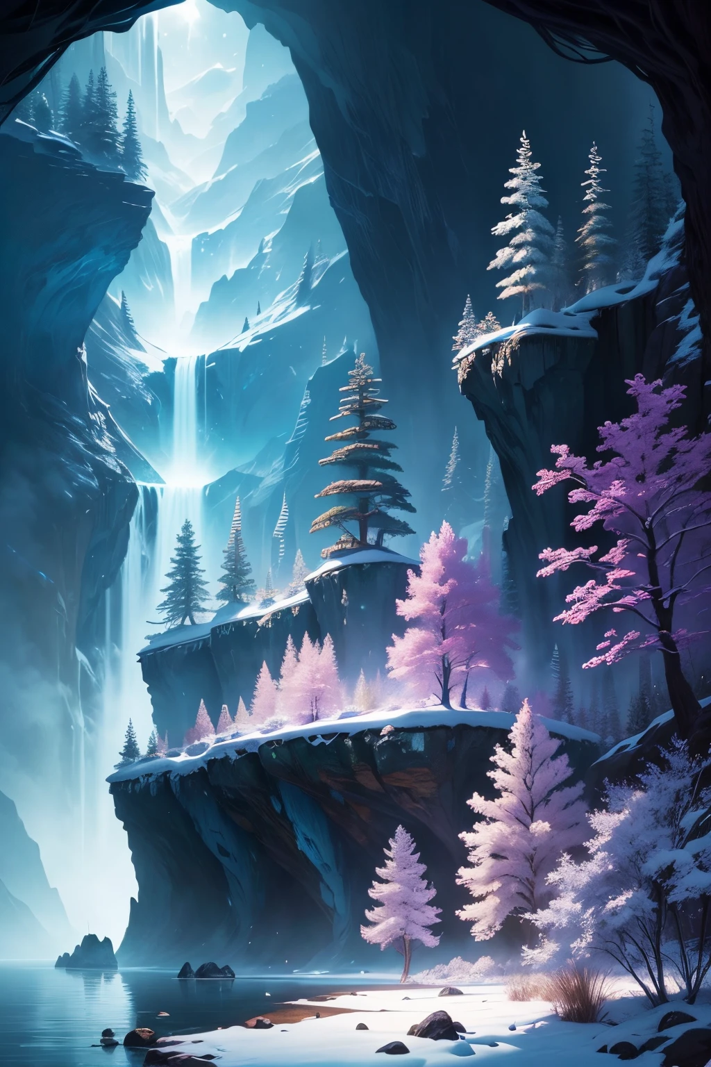 An elegant cinematic fantasy {winter|spring|summer|fall} landscape with a magic surreal dreamlike sky, extravagant, highly detailed, galaxy, moon rays, ({river|sea|forest|waterfall|crystals in the water|rock cliff|rainbow}), devastatingly beautiful atmosphere, overwhelming depth and detail, vibrant colors, fantastical, triadic colors, art by __fantasy_artists