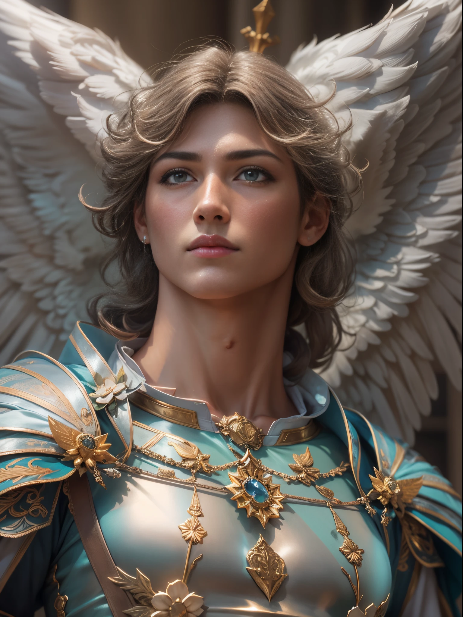 Archangel Michael、The Four Archangels、masutepiece,Best Quality,ultra-detailliert,hight resolution,hight resolution,4K,Portrait in 4K,8K,8K Portrait,Unity 8k壁纸,extremely details CG,Realistic,Raw photo,Real person,a portrait photo of,Photorealistic,Shiny skin,Detailed skin,