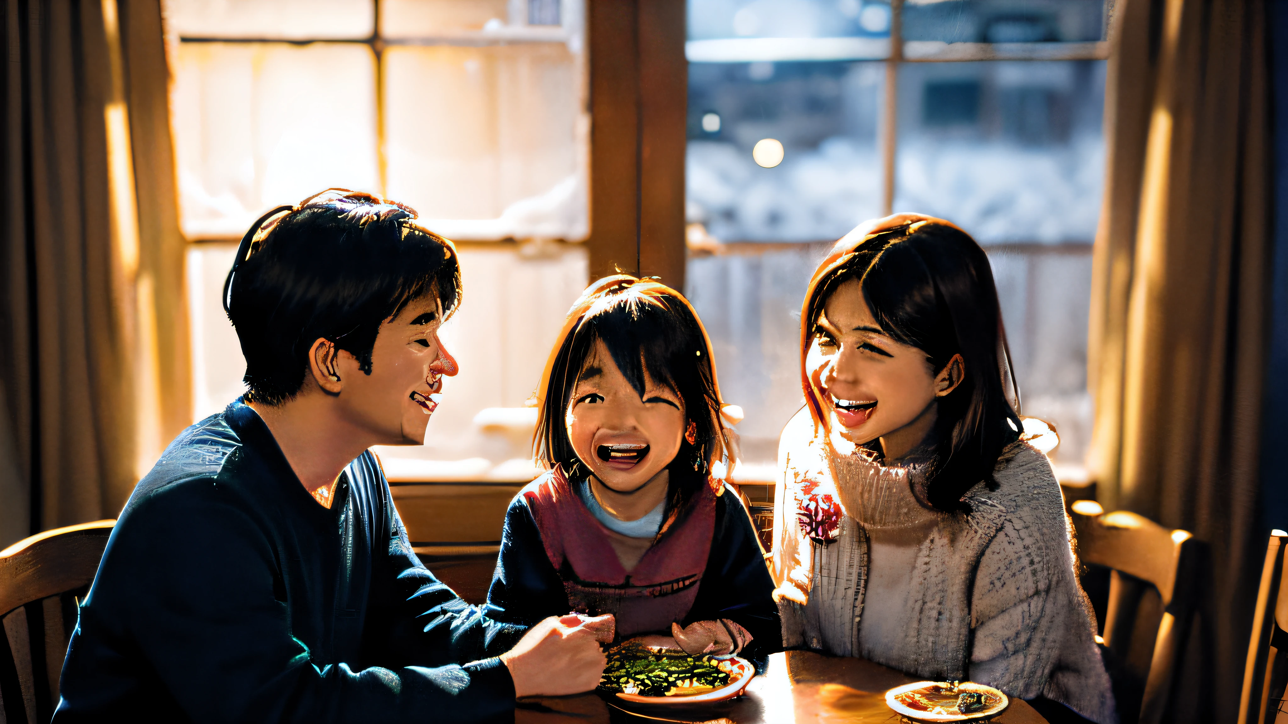 A family of three wears home clothes for New Year’s Eve dinner,happy laughing,Dad is 30 years old,Mom is 30 years old,5 boy,Winters,Spring festival,It was snowing outside the windows,Long-lens shooting