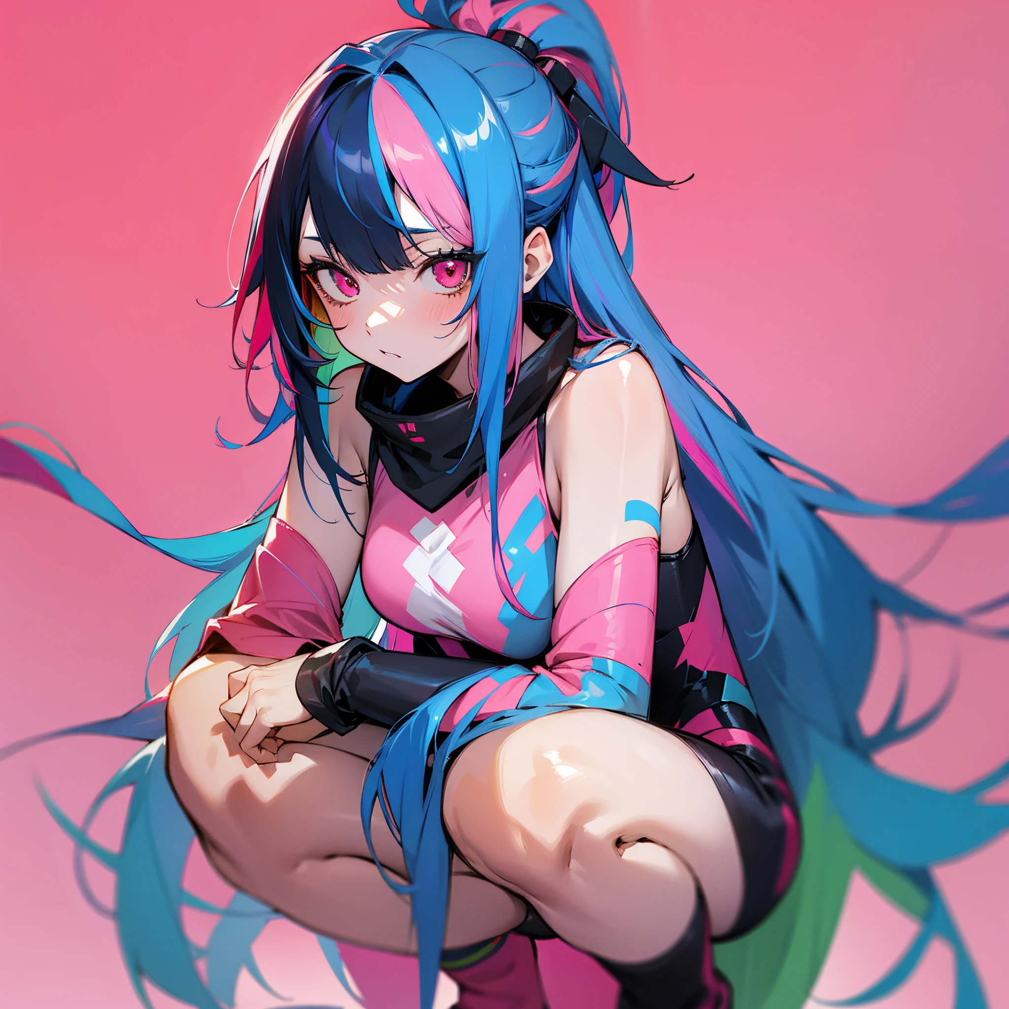 1girl, solo, long hair, multicolored hair, looking at viewer, bare shoulders, colorful, red eyes, blue hair, squatting, bangs, streaked hair, pink eyes, pink hair, colored skin