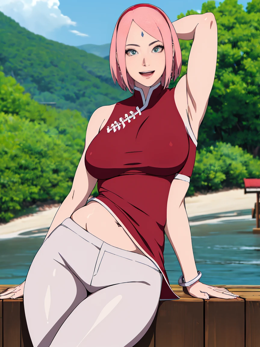 masterpiece, 4k, portrait, cowboy shot, (PLAYGROUND BACKGROUND), professional artwork, intricate details, colorful, digital blending, (ultra detailed body, ultra detail hair, ultra detail face), trending on pixiv, kind smile, best quality, anime style: 1.9, 1girl, hires, haruno sakura, (forehead mark, milf, red hairband, pale skin, (small breasts), short hair, ((topless), white pants), ((navel, belly button), slender body, slender belly, bracelet, pink hair, open mouth, big eyes), smile, beach, wind, floating hair, detailed arms, off-shoulders, broad shoulders, (((both) hands spreading to both sides)), fancy couch, relaxing, laying, talking, looking at the viewer))), (((flexing))), (((ultra detailed arms)))). (((curvy: 1.2))), (((flat belly))), (((hand covers both breasts)))