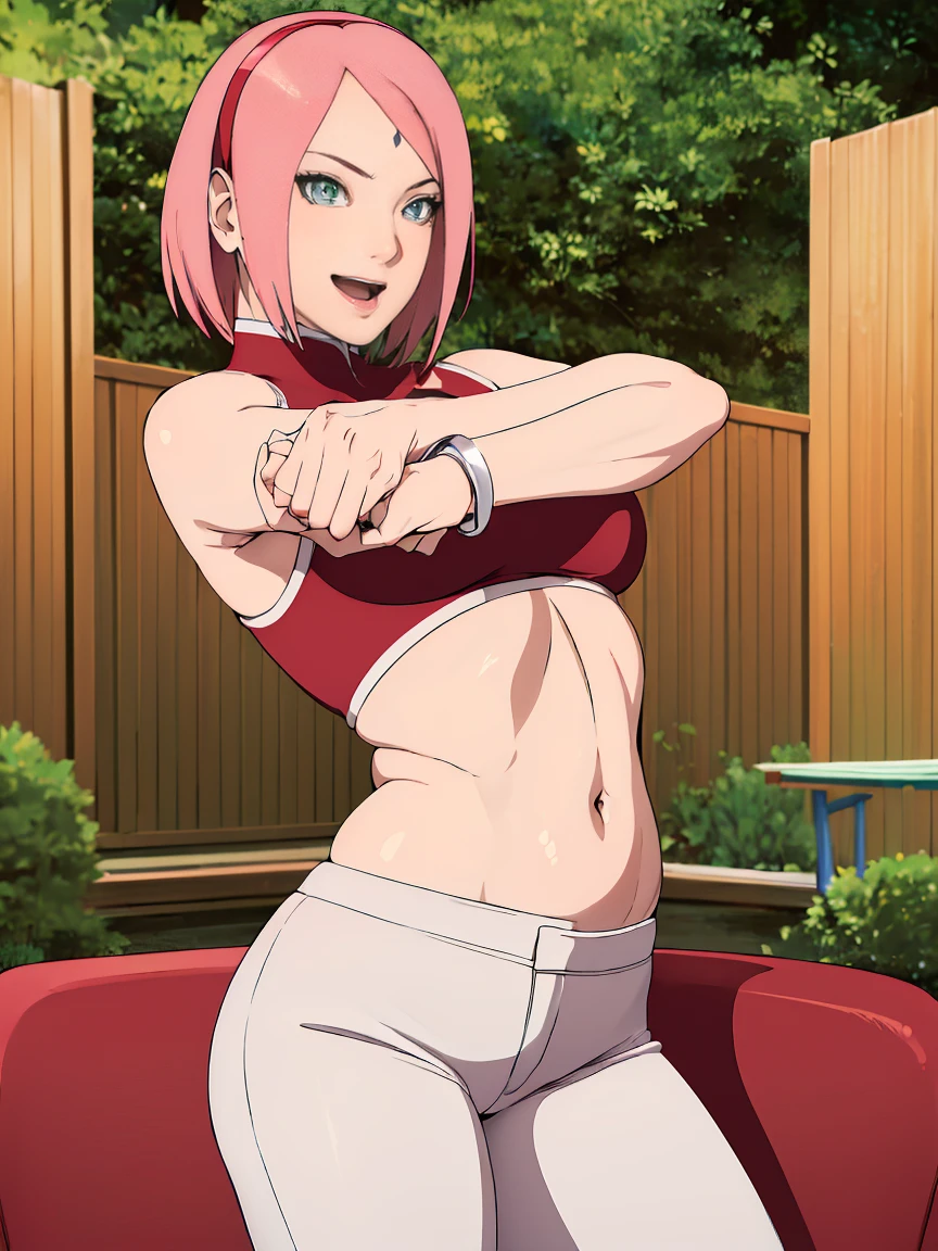 ((best quality)), ((masterpiece)), (detailed), perfect face, Perfect body, perfect anatomy, 1 girl, sakura haruno, pink hair, losng hair,green eyes, topless, bare chested, tight shorts, black shorts, sakura ass, sexy pose,  bottom, hotpant, black hotpant, full body, realistic, high detail, high quality image, 8k