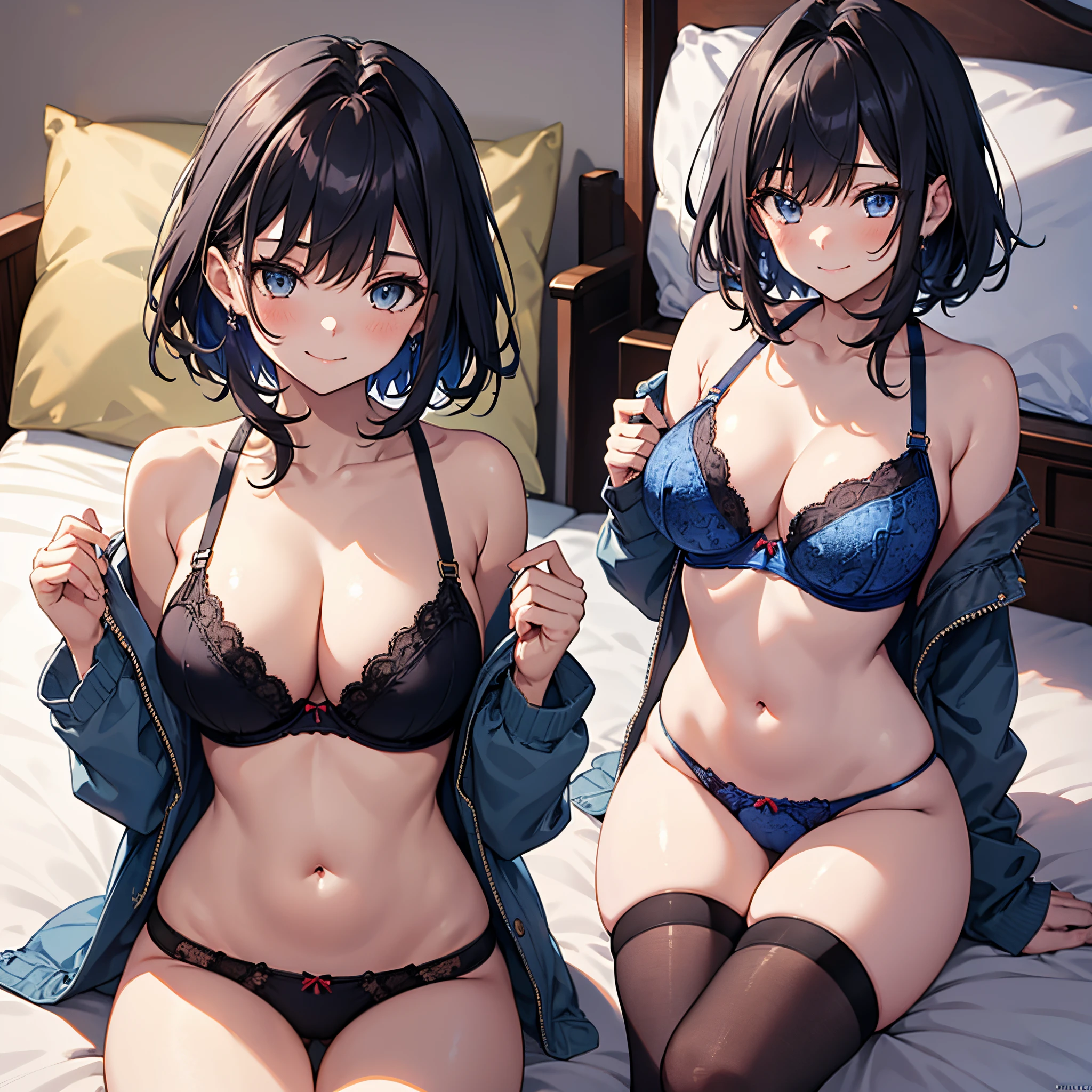 Masterpiece, ultra detailed, 1 girl, solo, black hair, short hair, Ouro_Kronii, gorgeous girl, voluptuous cleavage, large breasts, naked, blue bra, black panties, black kneehigh socks, tempting, breasts pressed together, blush, light smile, bed