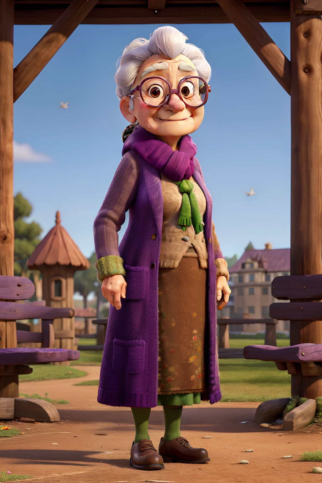 masterpiece, best quality, an old woman with glasses and a scarf on, wearing a purple coat and green scarf, standing at the park