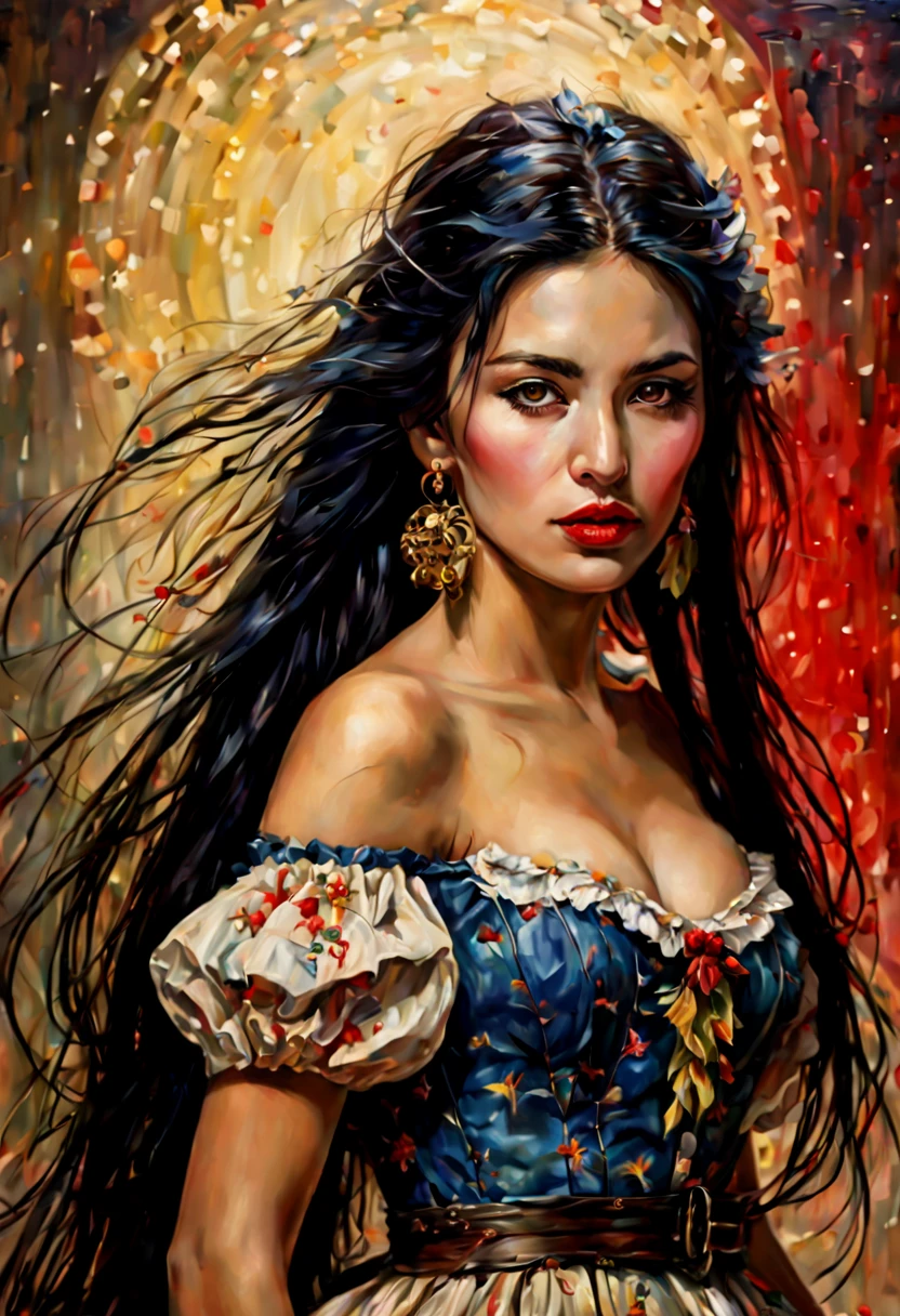 young Bolivian woman with long black hair, typical dress, image rich in details,
clear, oil paint, red lipstick, dramatic lighting, extremely realistic, 8k,
insane details, intricate, bokeh, taken with a 60mm lens, ISO 300, f/4, 1/200th,
vivid colors, by Pino Daeni, Vincent van Gogh, Luis Royo, Frank Frazetta
