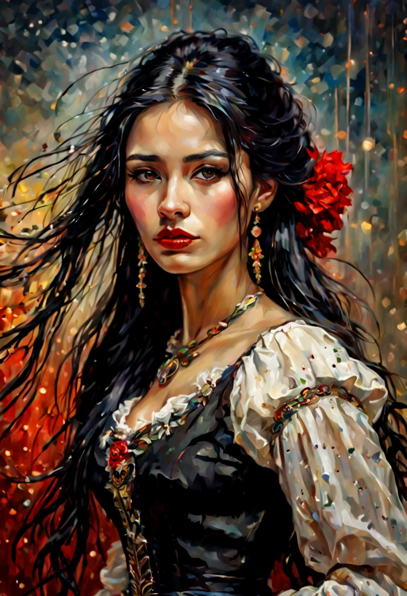 young Bolivian woman with long black hair, typical dress, image rich in details,
clear, oil paint, red lipstick, dramatic lighting, extremely realistic, 8k,
insane details, intricate, bokeh, taken with a 60mm lens, ISO 300, f/4, 1/200th,
vivid colors, by Pino Daeni, Vincent van Gogh, Luis Royo, Frank Frazetta
