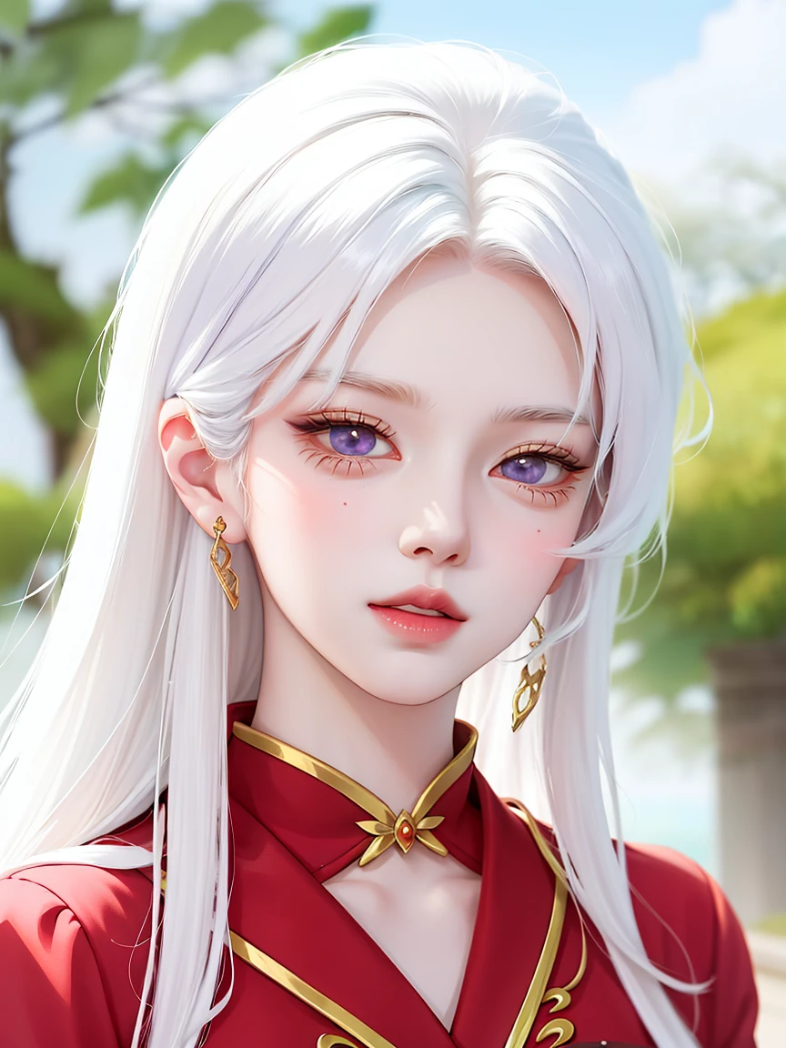 anime girl with long white hair and red collared top, beautiful anime portrait, white haired deity, white hime cut hairstyle, girl with white hair, guweiz, detailed portrait of anime girl, beautiful anime girl, stunning anime face portrait, portrait of an anime girl, beautiful anime style, portrait anime girl, beautiful anime woman, perfect white haired girl, beautiful anime face