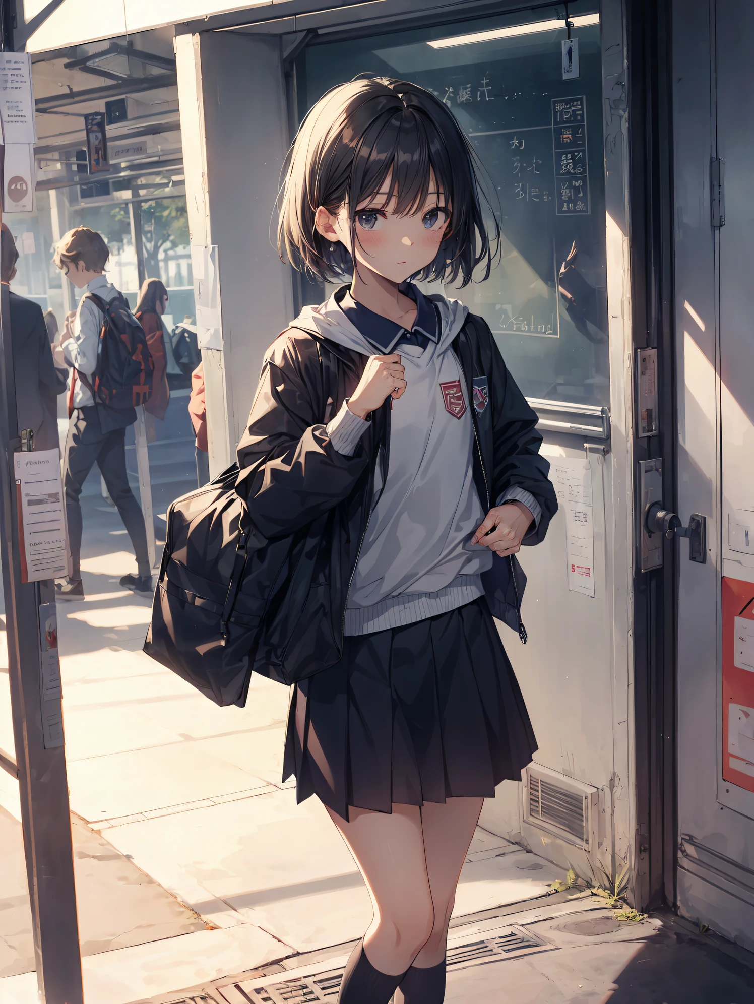 God quality,  anime moe artstyle,best anime 8k konachan wallpaper,badass anime 16k,perfect anatomy, (Please draw a girl walking sleepily to school. :1.3),break, 1girl, (Solo,Loli,child,13-year-old:1.5),a junior high school student, androgynous charm, (Very Short hair), Full limbs, complete fingers,flat chest, Small butt, groin, Small eyes,beatiful detailed black eyes,disgusted eyes, school Uniform, in the School commute route. break,ultra-detailed,high resolution,super detailed skin, professional lighting,(god illustration:1.2),