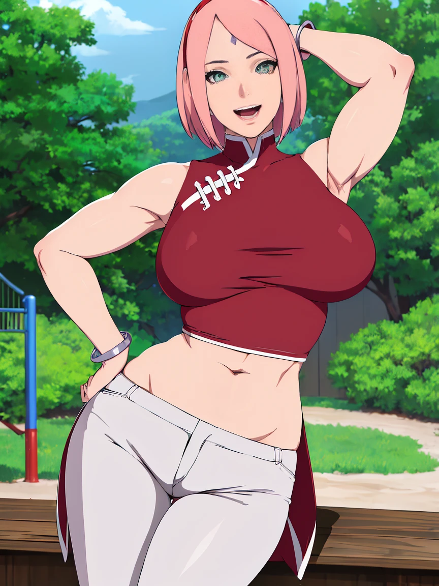 masterpiece, 4k, portrait, cowboy shot, (PLAYGROUND BACKGROUND), professional artwork, intricate details, colorful, digital blending, (ultra detailed body, ultra detail hair, ultra detail face), trending on pixiv, kind smile, best quality, anime style: 1.9, 1girl, hires, haruno sakura, (forehead mark, milf, red hairband, pale skin, (small breasts), short hair, ((red sleeveless dress), white pants), ((navel, belly button), slender body, slender belly, bracelet, pink hair, open mouth, big eyes), smile, beach, wind, floating hair, detailed arms, off-shoulders, broad shoulders, (((both) hands spreading to both sides)), fancy couch, relaxing, laying, talking, looking at the viewer))), (((flexing))), (((ultra detailed arms)))). (((curvy: 1.2)))