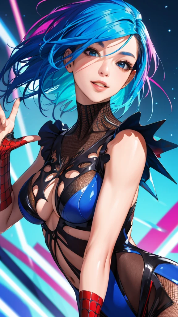 (best quality, masterpiece, colorful, dynamic angle, highest detailed) upper body photo, fashion photography of cute, blue hair with black highlights, torn spiderman suit,(ultrahigh resolution textures), in dynamic pose, bokeh, glowing web, (intricate details, hyperdetailed:1.15), detailed, light passing through hair, colorful art flat background(official art, extreme detailed, highest detailed), calmart, revealing clothes