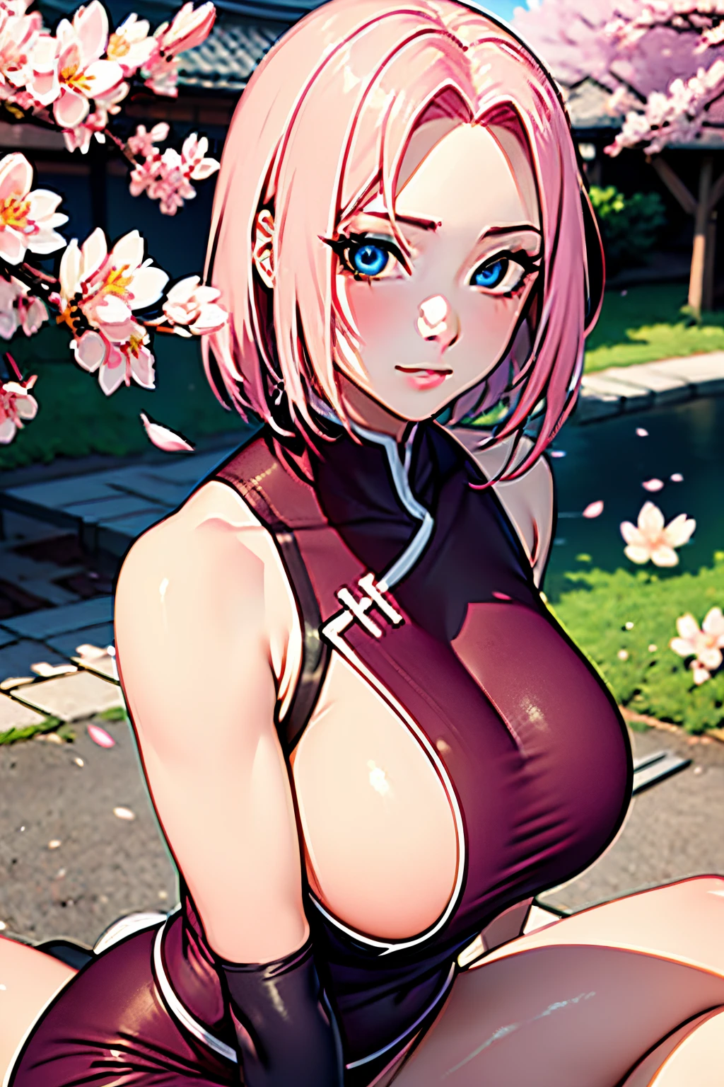 ((ultra quality)), ((tmasterpiece)), Sakura haruno, ((Pink, Short Hair Hair)), Beautiful cute face, beautiful female lips, charming beauty, ((Kind expression on his face)), looks seductively at the camera with slightly closed eyes, ((Skin color: white)), Body glare, ((detailed beautiful female eyes)), ((big blue eyes)), beautiful female hands, ((perfect female figure)), ideal female body shapes, Beautiful waist, nice feet, big thighs, Beautiful butt, ((Subtle and beautiful)), seductively worth it, Full-length, ((Sakura Haruno clothes, with sexy neckline)) background: shinobi village of the hidden leaf, Japanese Village, ((Depth of field)), ((high quality clear image)), ((crisp details)), ((higly detailed)), Realistic, Professional Photo Session, ((Clear Focus)), the anime, NSFW