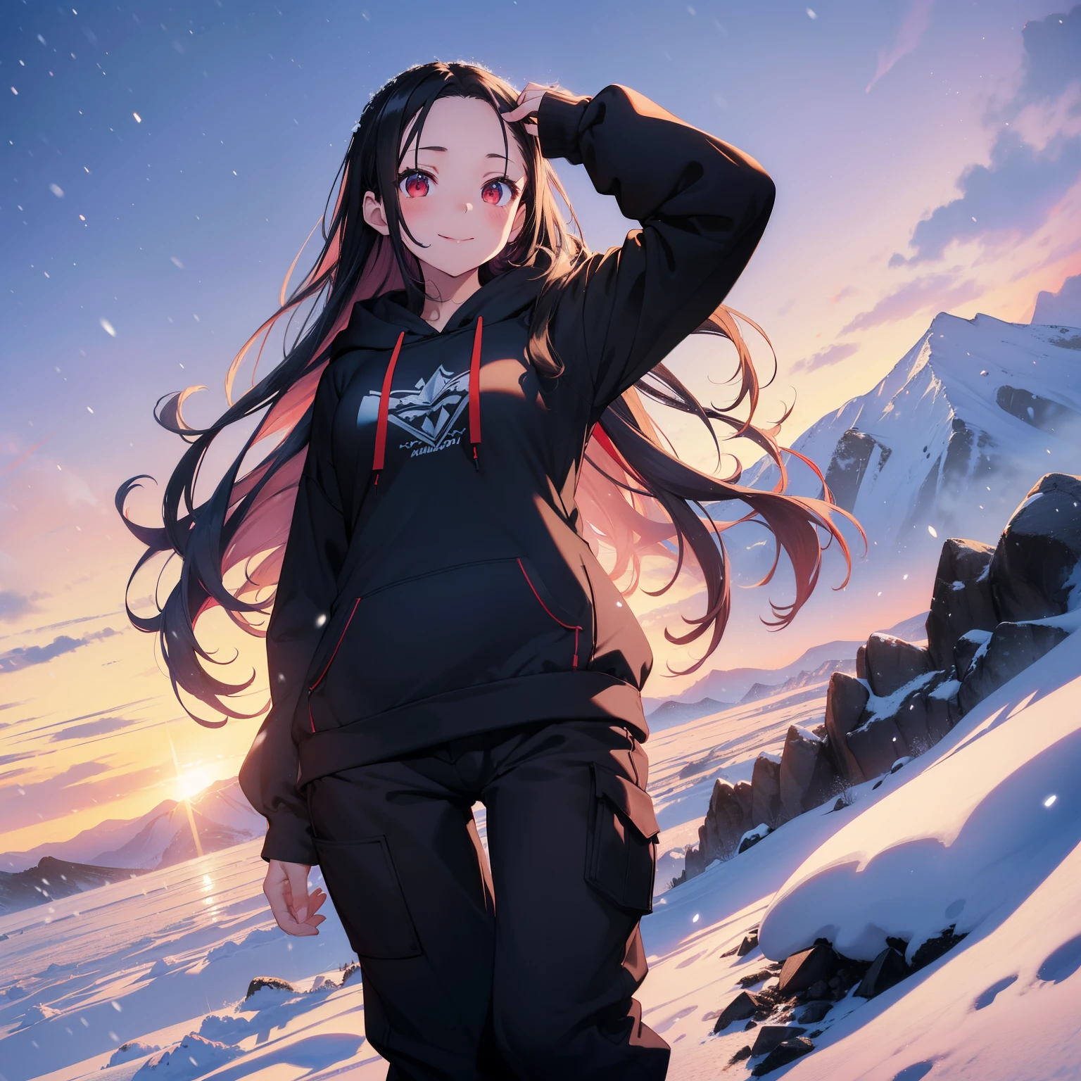 (masutepiece,Best Quality,8K),(extremely detailed CG1.1),teens girl,Smile,large boob,(From below:1.2),Intricate details , Hyper realistic, Perfect Anatomy,A dark-haired,Red Eyes,(((Forehead))),Permed hair with wavy hair,(((length hair))),Hair over one eye,hair slicked back,Full body,(((Blue Hoodie,Winter gear.Long black pants))),blush,Happy smile,(((in snow mountain))),Lens Flare,Wind,Magnificent view,(chromatic abberation:1.3),Dynamic Angle,Cowboy Shot,Looking at Viewer,It's snowing,is standing