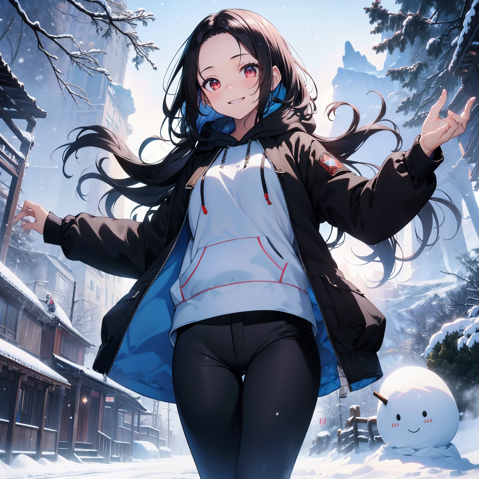 (masutepiece,Best Quality,8K),(extremely detailed CG1.1),teens girl,Smile,large boob,(From below:1.2),Intricate details , Hyper realistic, Perfect Anatomy,A dark-haired,Red Eyes,(((Forehead))),Permed hair with wavy hair,(((length hair))),Hair over one eye,hair slicked back,Full body,(((Blue Hoodie,Winter gear.Long black pants))),blush,Happy smile,(((in snow mountain))),Lens Flare,Wind,Magnificent view,(chromatic abberation:1.3),Dynamic Angle,Cowboy Shot,Looking at Viewer,It's snowing,is standing