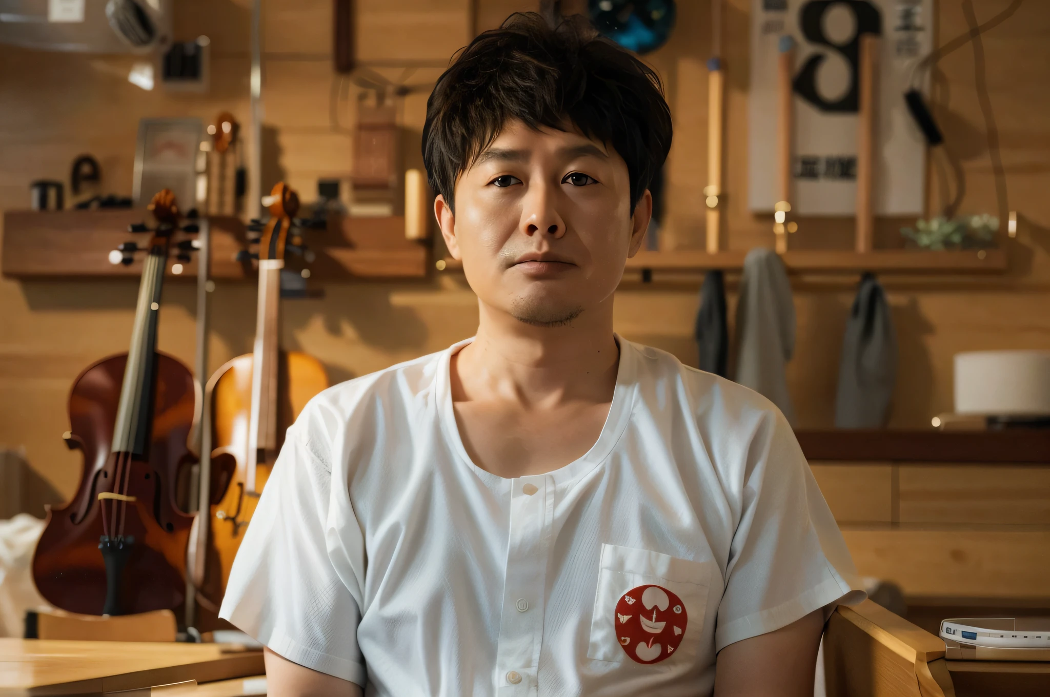 It&#39;s actually super suspicious。He also sends out incomprehensible sentences lol An arafe man wearing a white shirt sits in the workshop with a violin in his hand, masahiro ito, saito takao, yusuke nakano, tomohiro shimoguchi, daisuke tsutsumi, shinji kimura, yuya nagai, kousuke oono, The artist looks Yokoyama, katsura masakazu, Yusuke Murata