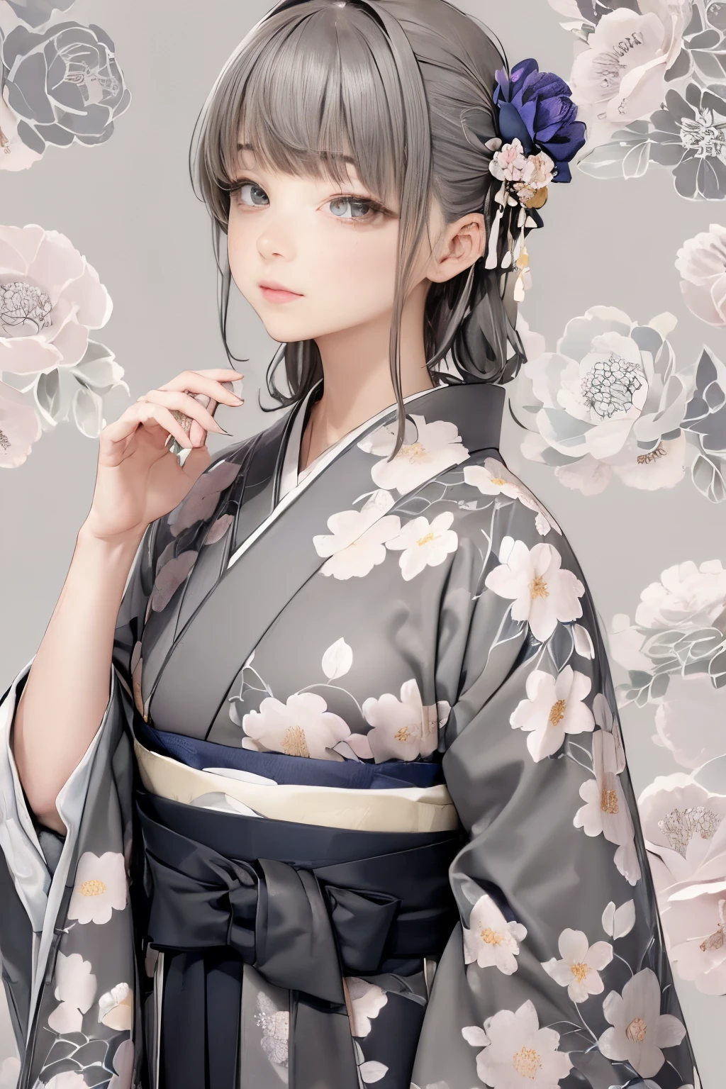 (((gray floral background:1.3)))、Best Quality, masutepiece, High resolution, (((1girl in))), ,(((Eyes are gray:1.3)))、Gray kimono、((beautiful gray kimono)), Tindall Effect, Realistic, Shadow Studio,Ultramarine Lighting, dual-tone lighting, (High Detail Skins: 1.2)、Pale colored lighting、Dark lighting、 Digital SLR, Photo, High resolution, 4K, 8K, Background blur,Fade out beautifully、gray flower world