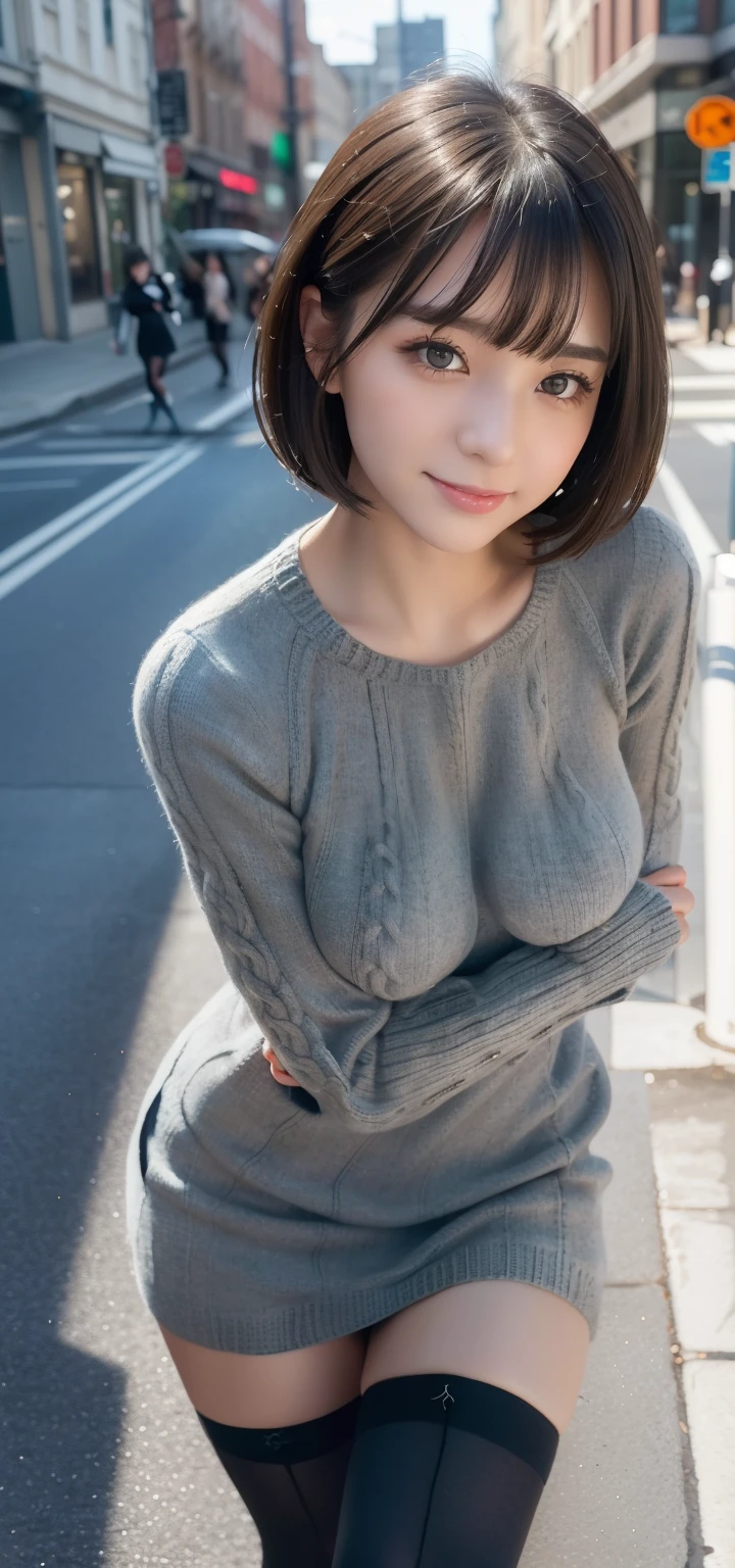 18-year-old girl、In the street、T、(Gray knitted dress and black stockings:1.3)、Long black boots、Expression of seduction:1.3、Colossal tits、gals、White Gal、middlebreasts、Random seductive poses、((Seductive facial expressions:1.1))((Etch Smile))((ponytail in high position、Shorthair))The face is orderly、A detailed face、Beautiful face、Tying hair、Light brown eyes、1girll、Innocence、(Photorealsitic)、(intricate detailes:1.2)、(masterpiece、:1.3)、(top-quality:1.4)、(超A high resolution:1.2)、超A high resolution、(A detailed eye)、(detailed facial features)、nffsw、8K分辨率