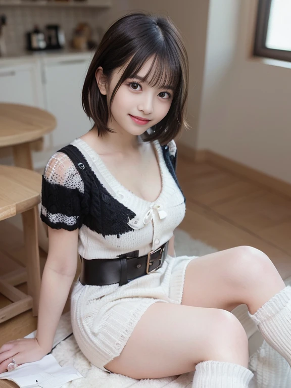 On a table, Best quality, ultra - detailed, Detailed pubic hair, A high resolution, 8K, ((真实感:1.4, Original photography, 超A high resolution,Picture quality: 1.4)), Wallpapers, ((Perfect full body configuration1.5)), beautidful eyes, Natural lip color, ((平静的ssmile:1.5)), ((Casual and cute hairstyle)), ((Quite large、Chest is open、no underwares:1.2)), ((seen from the front:1.5)), ((Exposed nipples、Lower eyelids、Diagram of mole on arm:0.9)), ((Blur background randomly)),((the setting sun)),((colorful leaves)), ((The expression is casual and cute)),, Very detailed and professional lighting、 Perfect dynamic composition, Beautiful and detailed appearance:1.5)), ((White sweater:1.6)),((Black and white plaid mini skirt:1,5)),((ssmile,Harajuku)),((Sexy shot looking at camera))｟black knee boots｠（Sit on it）（Long brown hair：1.6）