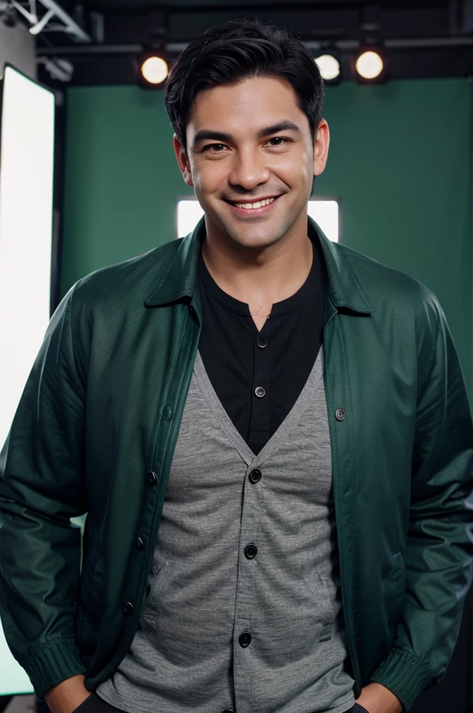 an executive man smiling, in a green screen studio, prepare to take action in video shoot, casual shirt with jacket, black hair, naughty, bad boy