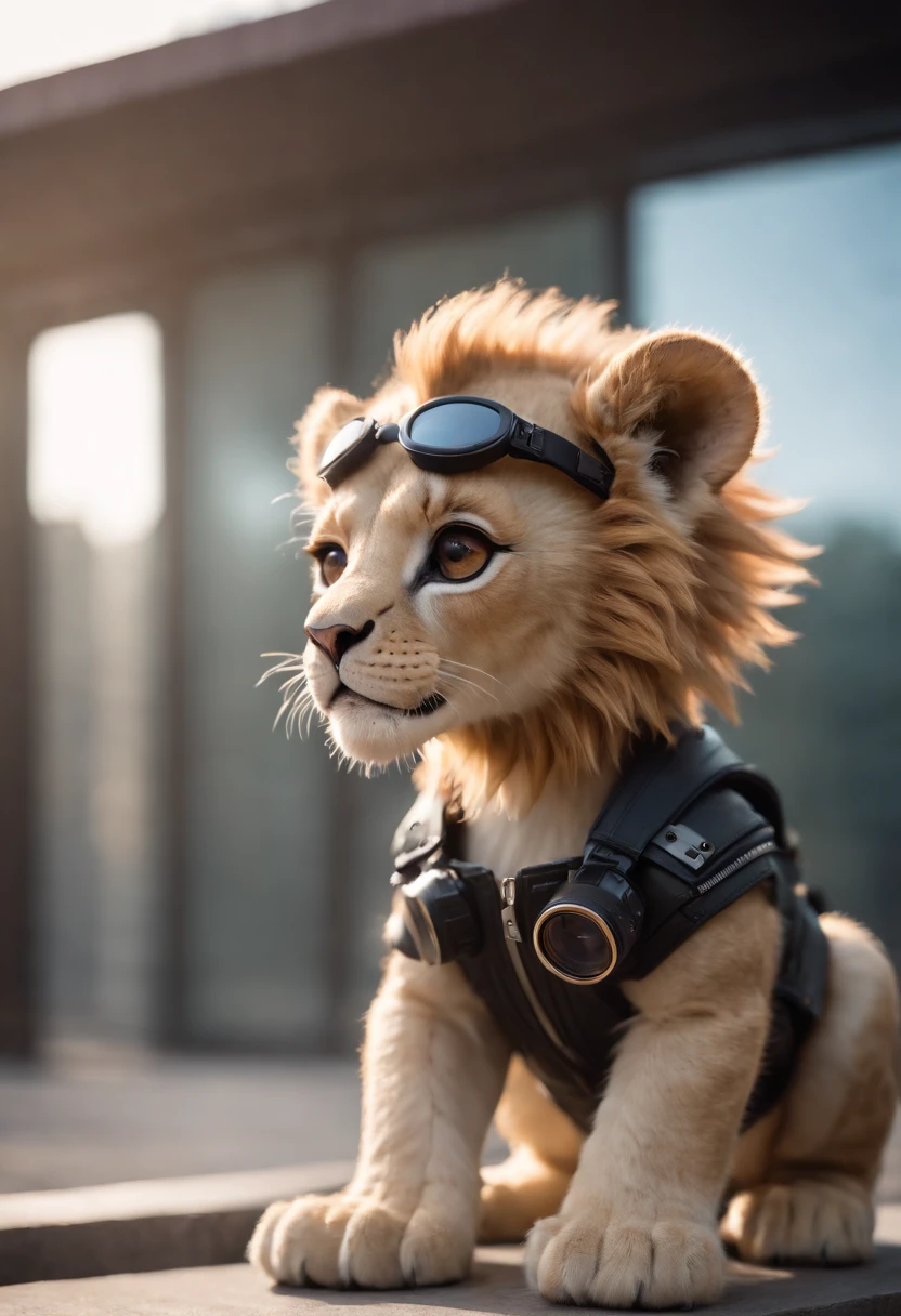 Fully grown mini cute lion cub cyberpunk + jaket, nano sunglasses, Nanodevices, cybernetic prosthesis, boombox, iso-distance view, Cinematic, Hyper-realistic, The light from the back window is backlighted, presented in an illusory way, 8K