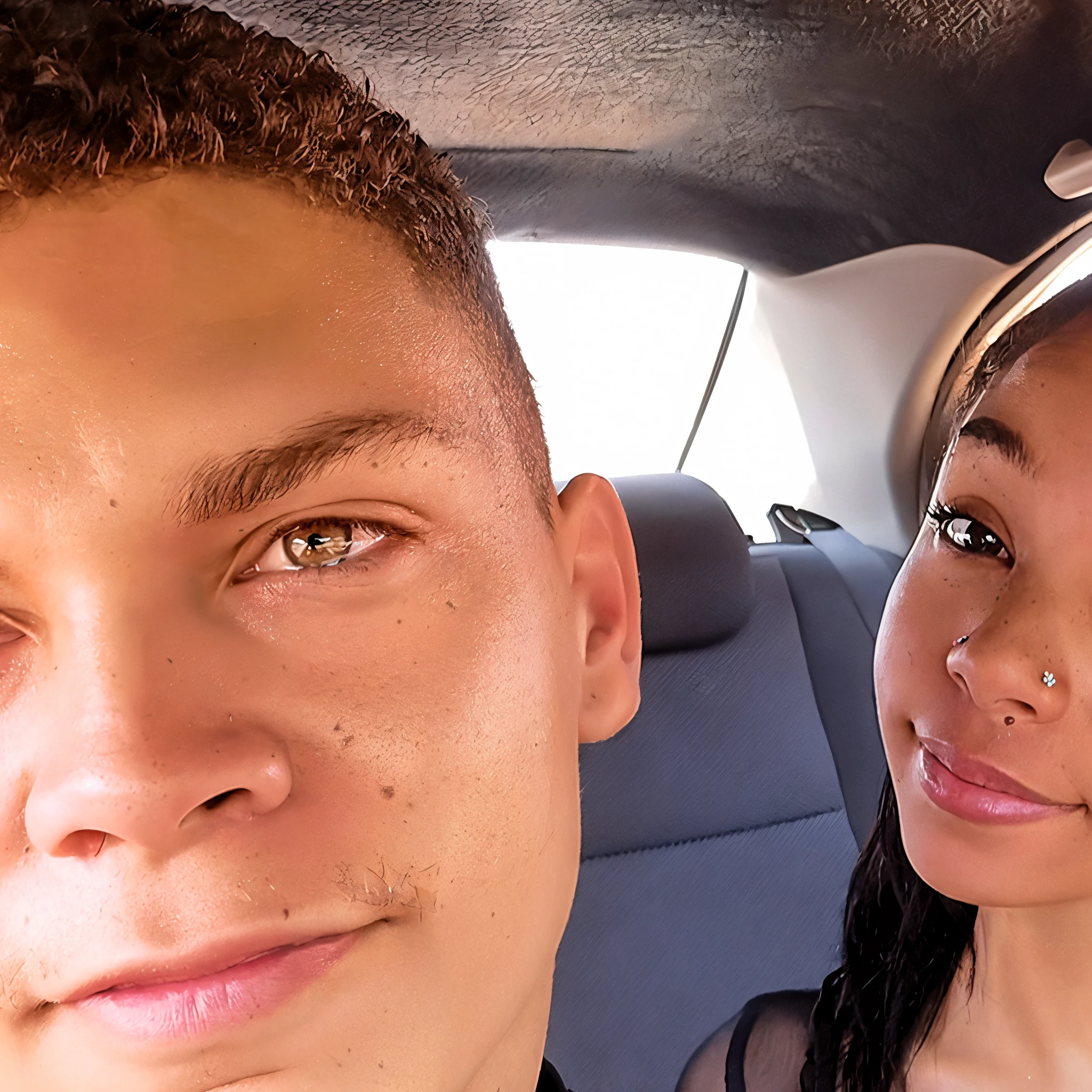 there is a man and a woman sitting in a car, taken in the early 2020s, selfie shot straight on angle, shot on gopro9, scenic full shot, taken in 2 0 2 0, 😭🤮 💔, car shot, on a parking lot, looking this way, sitting in her car, selfie, at the taco bell drive through