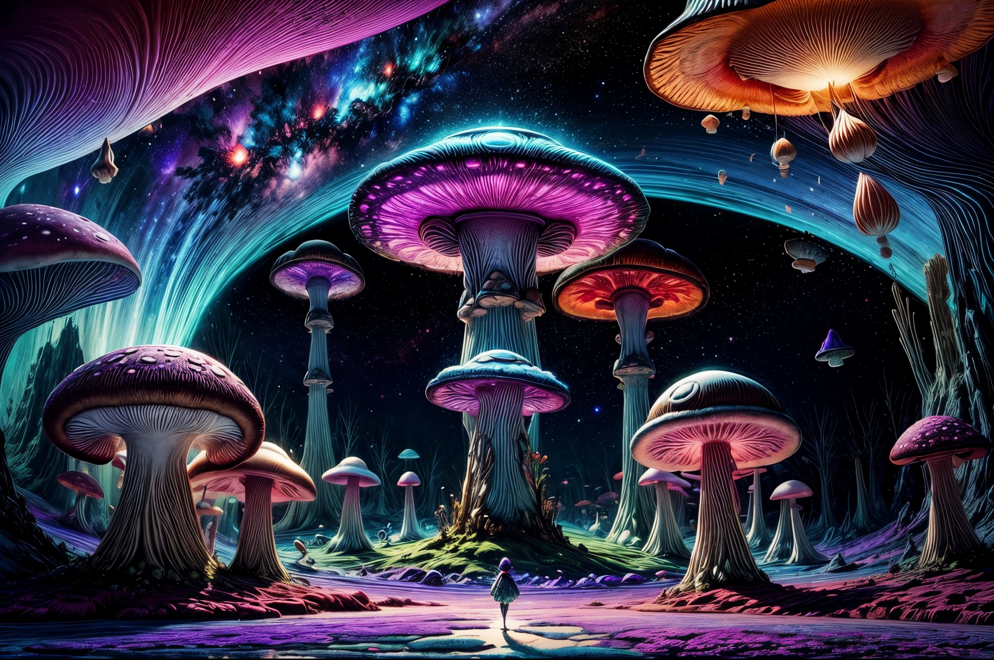 "((Enchanting mushrooms)) in a surreal space, fantasy world, vibrant color palette, ethereal glow, cosmic clouds, space-time distortion, (captivating composition), alien landscape,