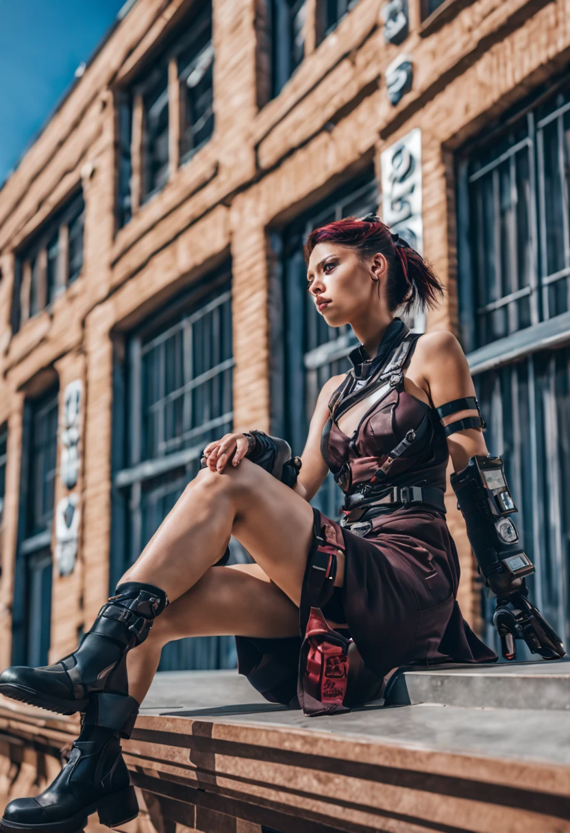 The girl in a cyberpunk dress is sitting on the top of building holding the sign,Holding a wooden plaque with YES! written on it,