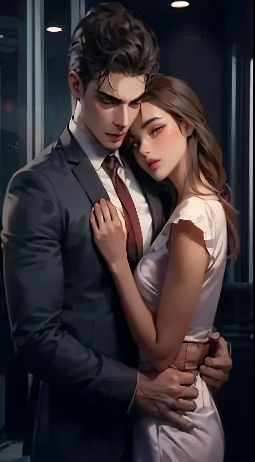 1girl, 1boy, handsome, beautiful, image of a mafia boss wearing a black suit with innocent girl, mature, gradient lips and rosy cheek and lips, the girl is wearing a simple  red dress, white background