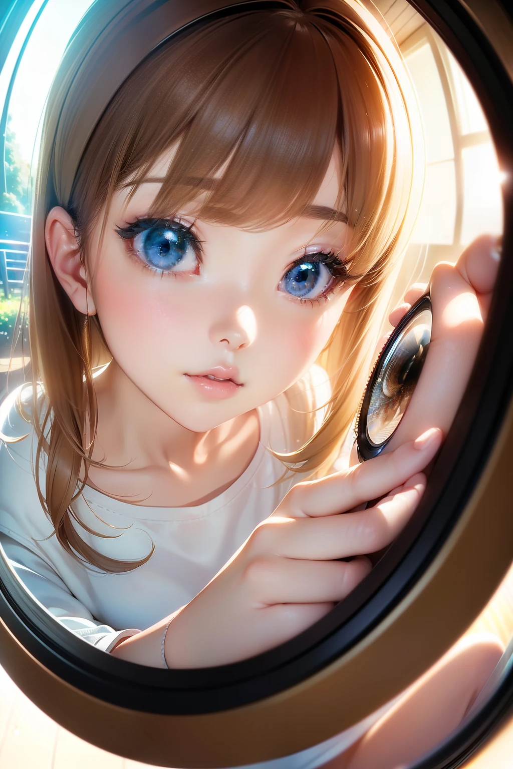 Delicate beautiful CG artwork),(Best Quality, Ultra-detailed, High resolution),(natural soft light),独奏,(Beautiful face), (((Girl looking through a fisheye lens:1.3、Detailed calculation background)))、blured background:1.5