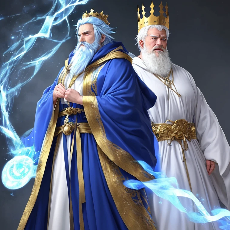 (masutepiece, Highest Quality, Top resolution, Distinct_image, Detailed details): blue cloak and white robe、pale blue hair with a golden crown、a beard、old man with sharp face、Solid body、large shoulders width、Shiny appearance、Distinct shading、big physique、Muscles visible even through clothes、Composition that looks down on you