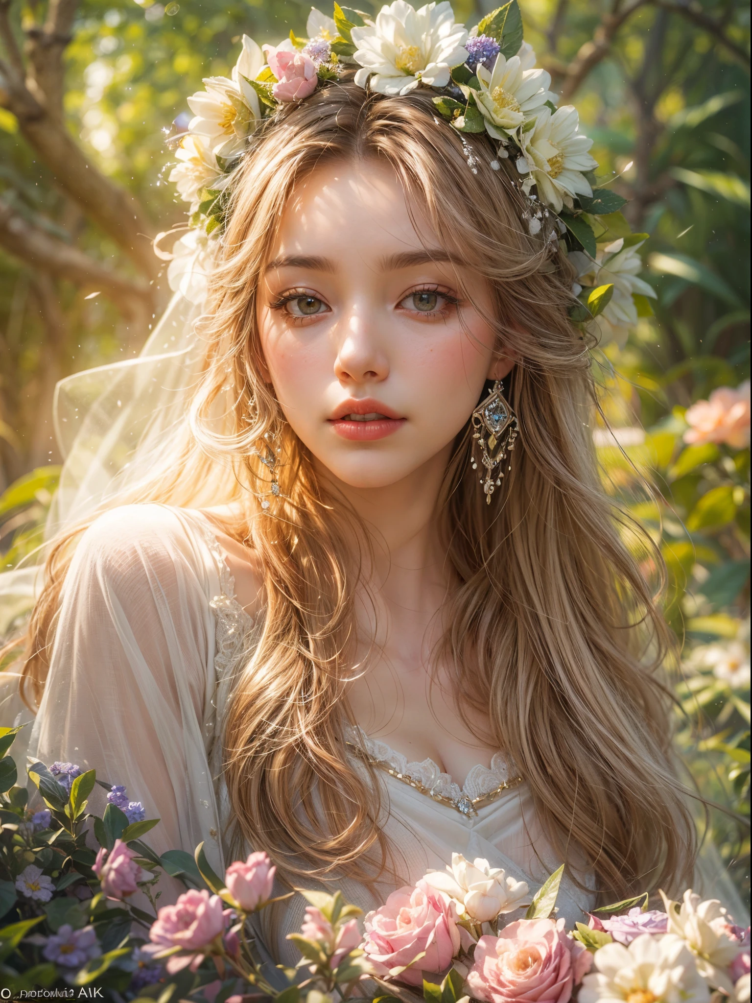 a girl in a garden,medium:oil painting,detailed flowers and plants,soft sunlight filtering through the trees,vibrant colors,beautiful detailed eyes,beautiful detailed lips,soft breeze blowing her hair,intense gaze,playful expression,flowing dress,delicate lace trim,feminine silhouette,green grass and blooming flowers,bright blue sky with fluffy white clouds(best quality,4k,8k,highres,masterpiece:1.2),ultra-detailed,realistic:1.37,impressionistic style,pastel color palette,warm and golden lighting