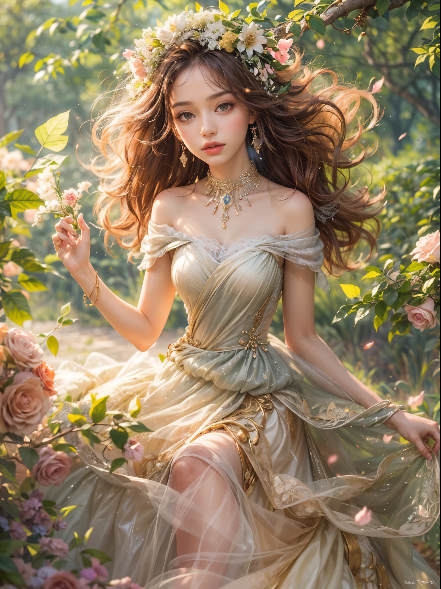 (high quality,4k,8k,highres,masterpiece:1.2), ultra-detailed, (realistic,photorealistic,photo-realistic:1.37), magical, dreamlike, vivid colors, soft lighting, incredible attention to detail, romantic atmosphere, graceful pose, flowing hair, delicate lace details, ethereal veil, sparkling jewelry, elegant bouquet, peaceful garden setting, blooming flowers, butterflies dancing around, warm sunlight filtering through the trees, golden hour, enchanting ambiance.