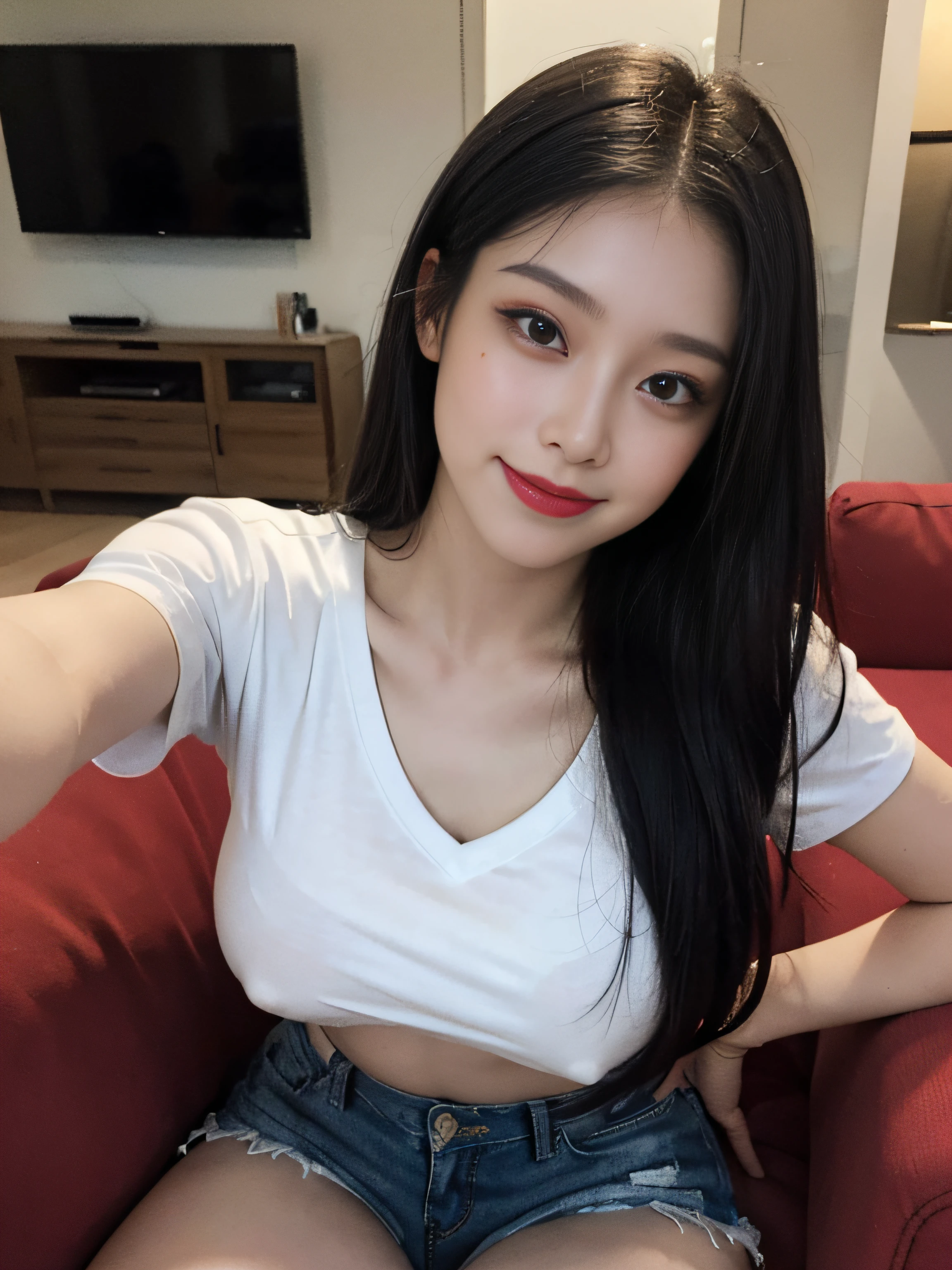 (​master piece:1.5),(8K high image quality), (top-quality), (RAW image quality), (Very bright photos), (Photographed by a professional photographer)),largeeyes,long eyelasher,,The Ultimate Face,face realistic light,Clear facial features,milky skin, Realistic skin details,）,Best portraits,Close-range shooting, Only one girl, Cute,Beautiful detailed eyes, beautiful detailed nose ,(Beautiful face with double eyelids), (3/4 Length),(30-years old),(Beautiful Face 1.4),A slender,(Please wear short T-shirts and hot pants:1.2),(In the living room of the house),((Make your audience smile)),Straight long hair,Lame around the eyes,lipsticks,耳环,((The color of the short T-shirt is white.)),Very beautiful legs,(((In my living room,))),((Smile at your audience)),Very simple short T-shirt and hot pants.,Smile without opening your mouth,((Shooting angle from the front)),,Undersized breasts,(Make eye contact with your audience),(stand up),Very beautiful figure,((Assuming Seductive Poses)),(Standing),(No bra,Prominent nipples)