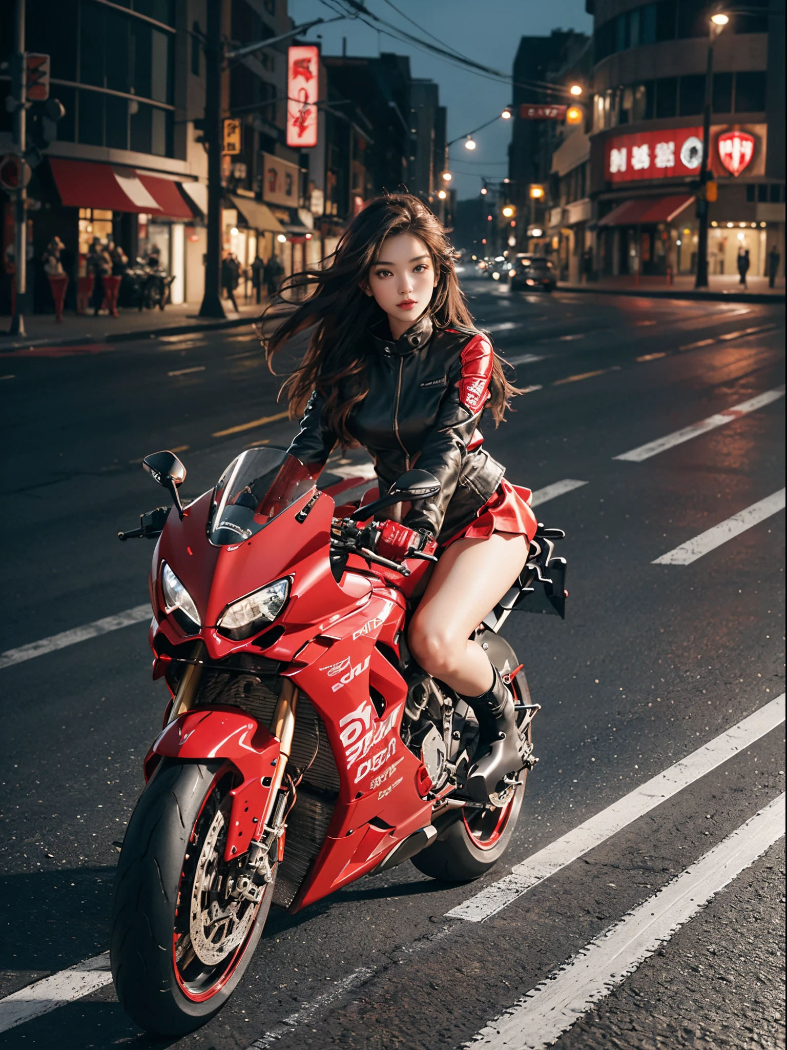 hight resolution、high-level image quality、in 8K、Real live-action、Raw photography、top-quality、​masterpiece、masutepiece、(Soft Saturation:1)、(depth of fields:1.2)、(Ray traching:1.2)、Shot diagonally from above、mid night:1.3、optic、The background is a sci-fi future city at night.......、Light traces、Flowing light、heavy wind、Big red motorcycle speeding through the city at night、sitting on a big red bike、Young woman in red dress, Beautiful face、kawaii faces、(Red Skin Jacket:1.2)、(Red short skirt:1.3)、white knee highs、(Red boots:1.2、Draw the toes:1.2)、perfect hand、perfect foot、perfect ankles、Perfect toes、Perfect toes、Perfect Heel:1.3、((Grasp the controller with both hands:1.2))、Slouched、put one&#39;Upper body, Lower body:1.2、Sitting on the Ducati Panigale V4,Riding the Ducati Panigale V4, Sci-fi style bikes, Sci-fi style bikes, Ducati Panigale V4 Motorcycle Rider, How to ride the Ducati Panigale V4, (Draw left and right rearview mirrors:1.3)、headlights shine blue、picture of a female biker, motorbike,Motorcycle displacement: Ducati Panigale V4 Details、motion-blur、raise white smoke、wheels rotate at high speed、