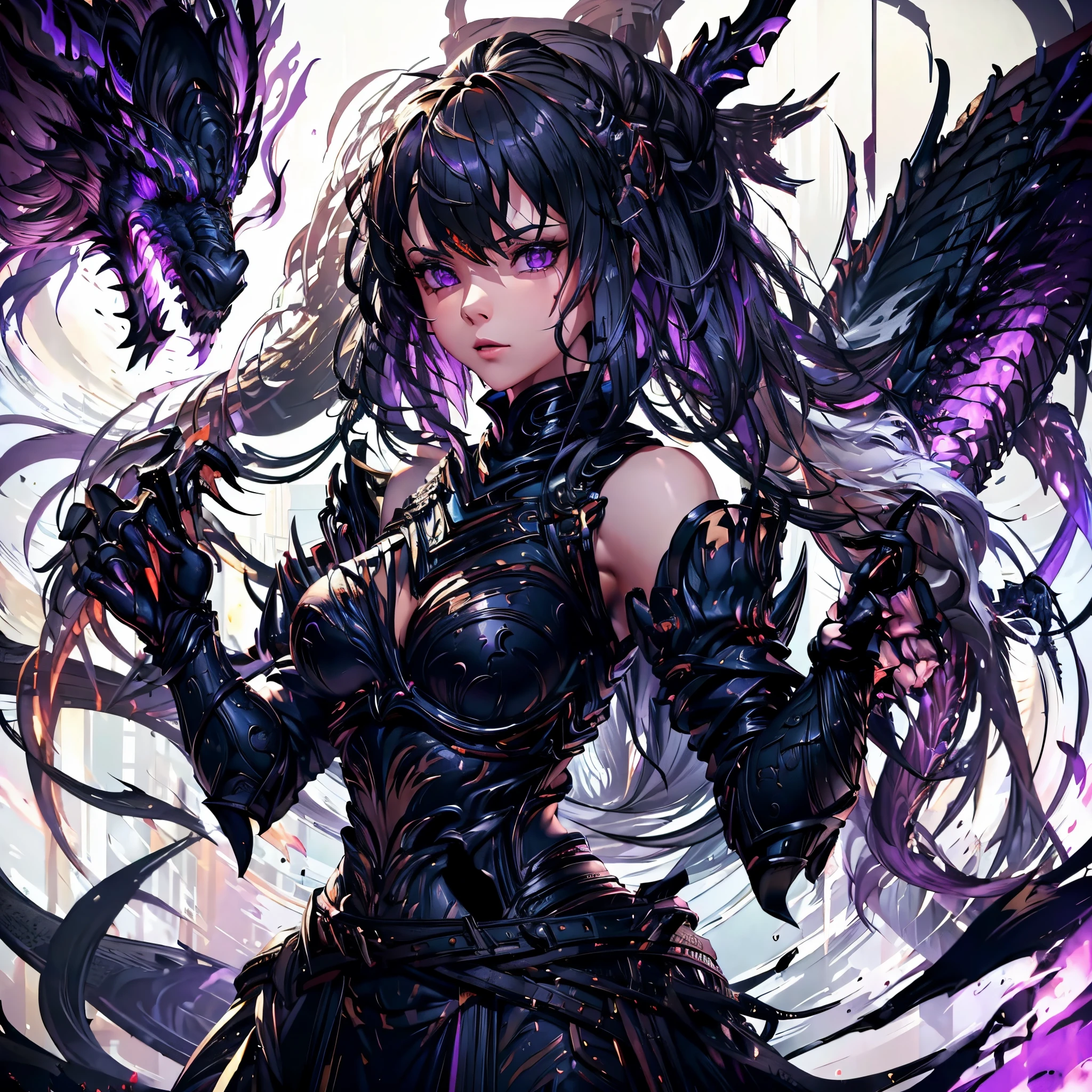 Girl in black armor. she is a sharp ornament. Two black dragons attack her from behind.. Sharp Hair Ornament. torn feather. sharp claws. she is dyed in purple flame.