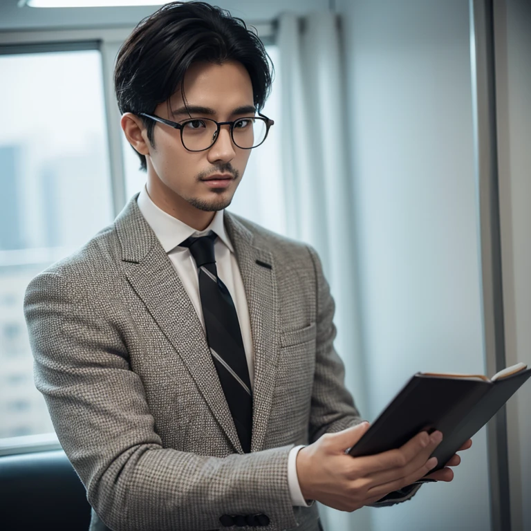 male counselor，suit and tie，sagacious，with short black hair，Homem de meia idade，eye glass