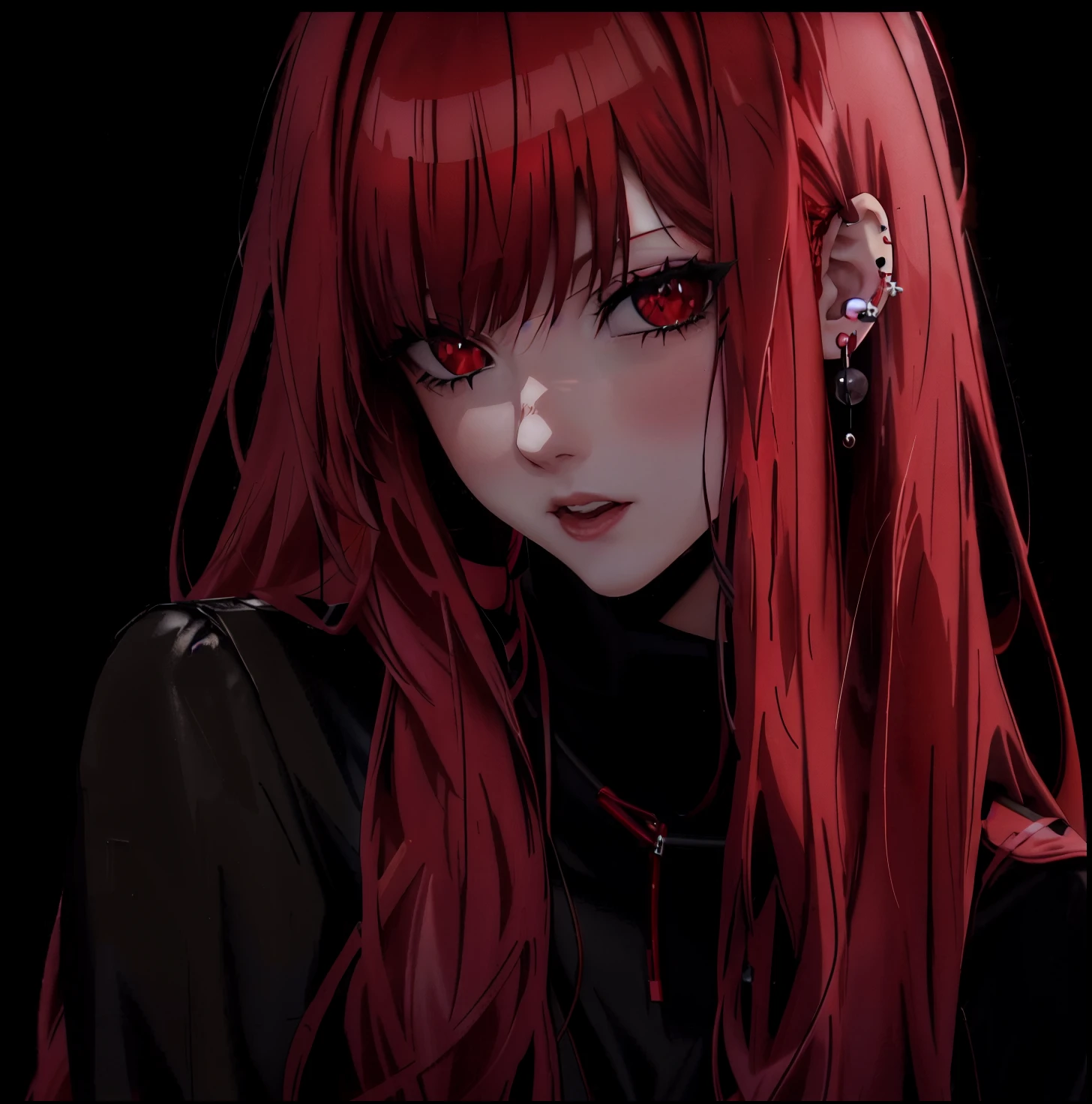 girl with red hair and piercing looks at the camera, 1 7 -  - old me goth girl, she has red hair, crimson-red hair and red eyes, Lilith, demon anime girl, gothic maiden anime girl, with red hair, female anime character, with long red hair, Glowing crimson head, with red glowing eyes