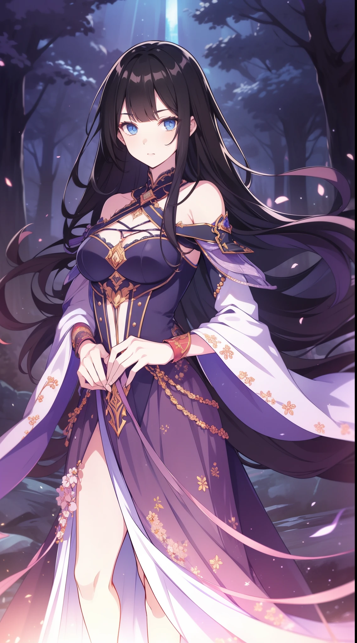 quadratic element,style of anime,One guy(warrioress),The proportions are correct,Face details,swordsman,reddress,Long black hair,Neck details,There is an Adam'apples,bitch suit,joke,robe,clothes details,surrender,longer sleeves,Game quality,sword fight,Light and shadow tracking,Ray traching,Detailed luminescence,cg render,hair detail,mesmerizing eyes,The beautiful,(girlish),Clothing is complicated,at a forest,natta,starrysky,Perfectcomposition,Refinement,high high quality,More detailed,A lot of detail,The background is complex,a sense of atmosphere,