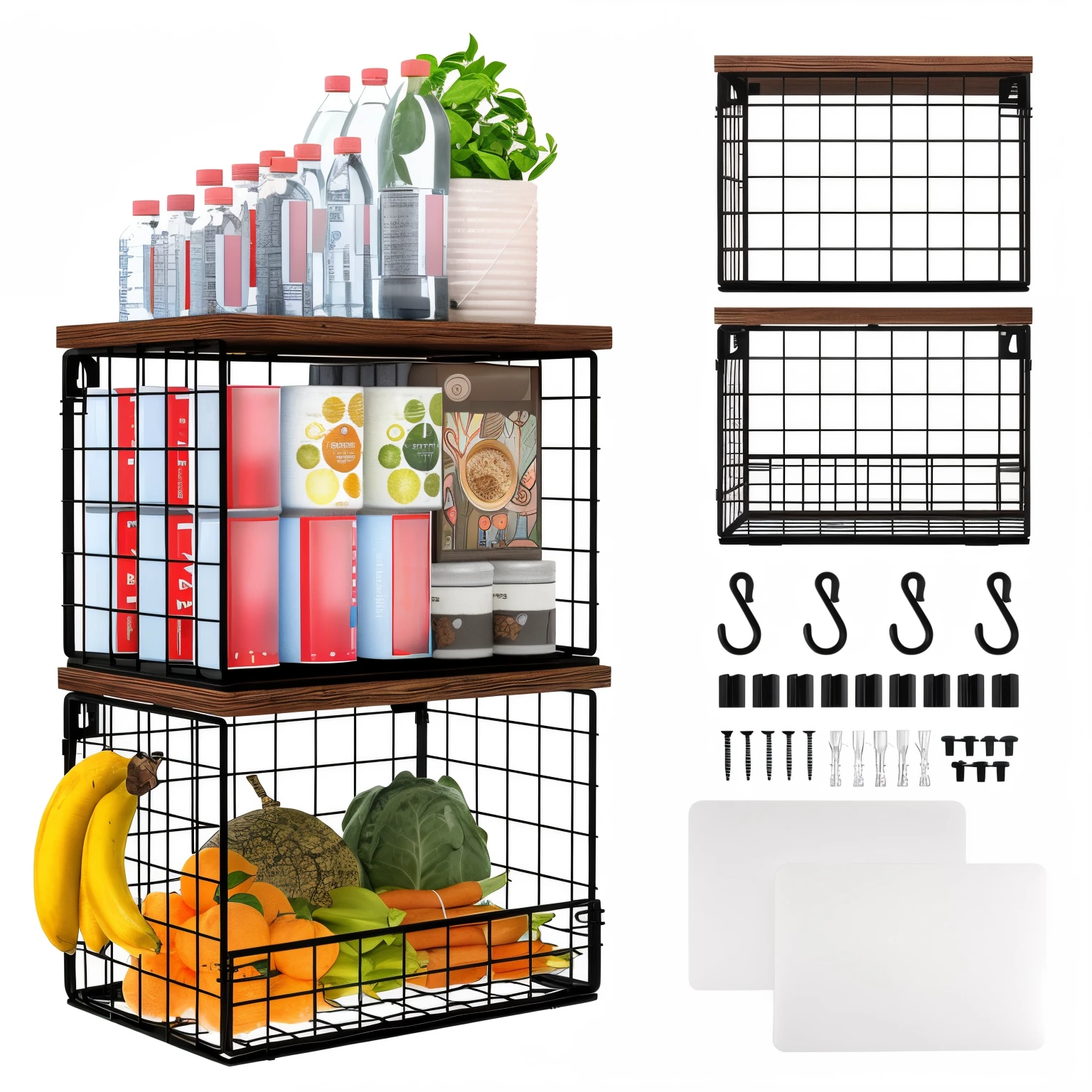 There are two baskets,Food and drink included, shelf, shelves, product photograph, The complete theme is shown in the figure, product introduction photos, Set photo, Multi-layered, product introduction photos, Official Product Pictures, Supermarket shelves full, Set on white background, High quality photos, medium detail, Simple wooden shelf, Full body lesbian, Full body lesbian, for displaying recipes