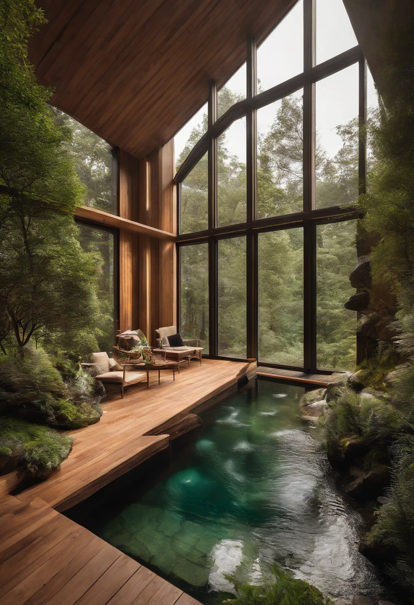 Small single-family duplex house in a Scandinavian nature, standing wood panel, inspiration from Sydney opera house, panorama glass windows, forests, waterfall inside atrium, rocks, natural pond of water