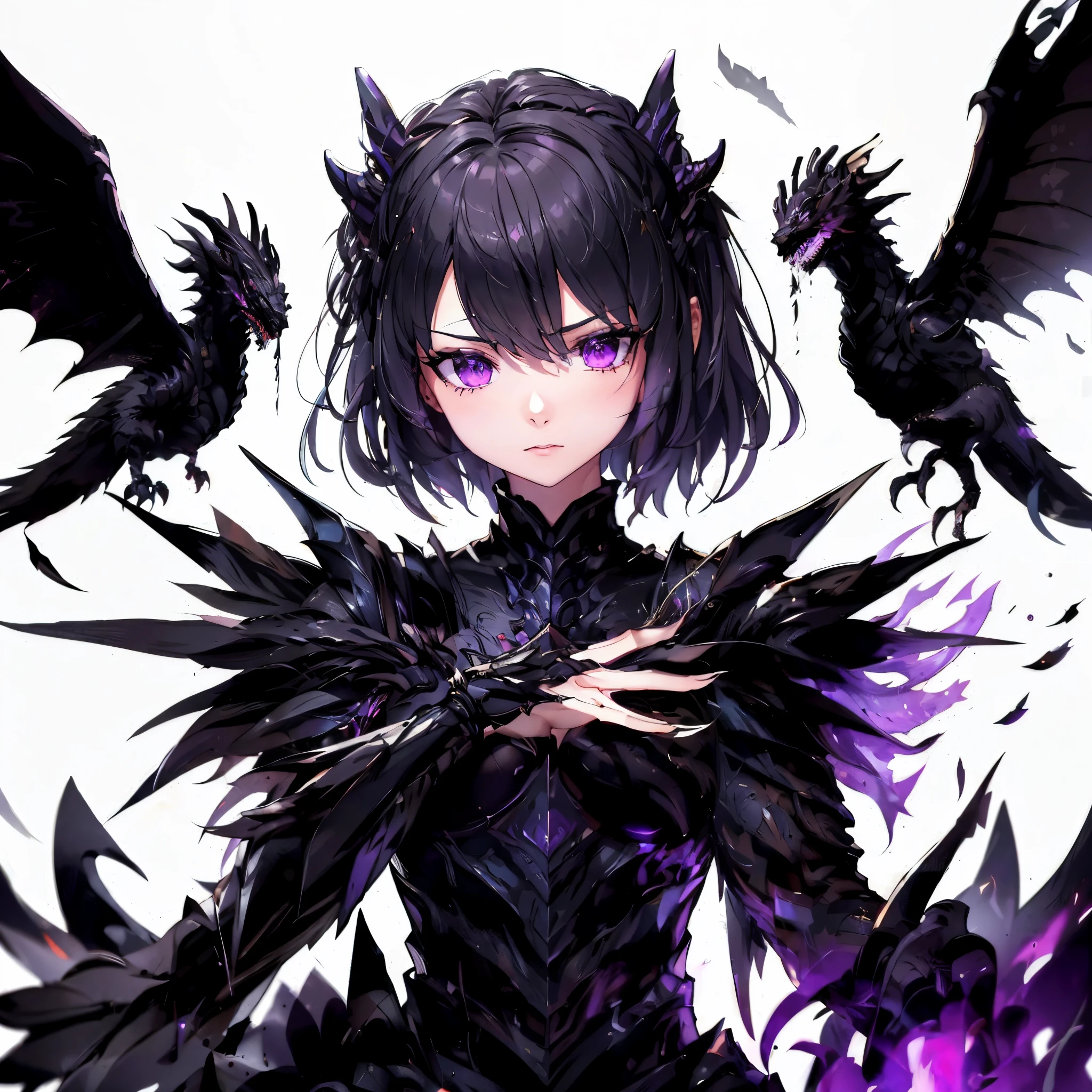 Girl in black armor. she is a sharp ornament. Two black dragons attack her from behind.. Sharp Hair Ornament. torn feather. sharp claws. she is dyed in purple flame.